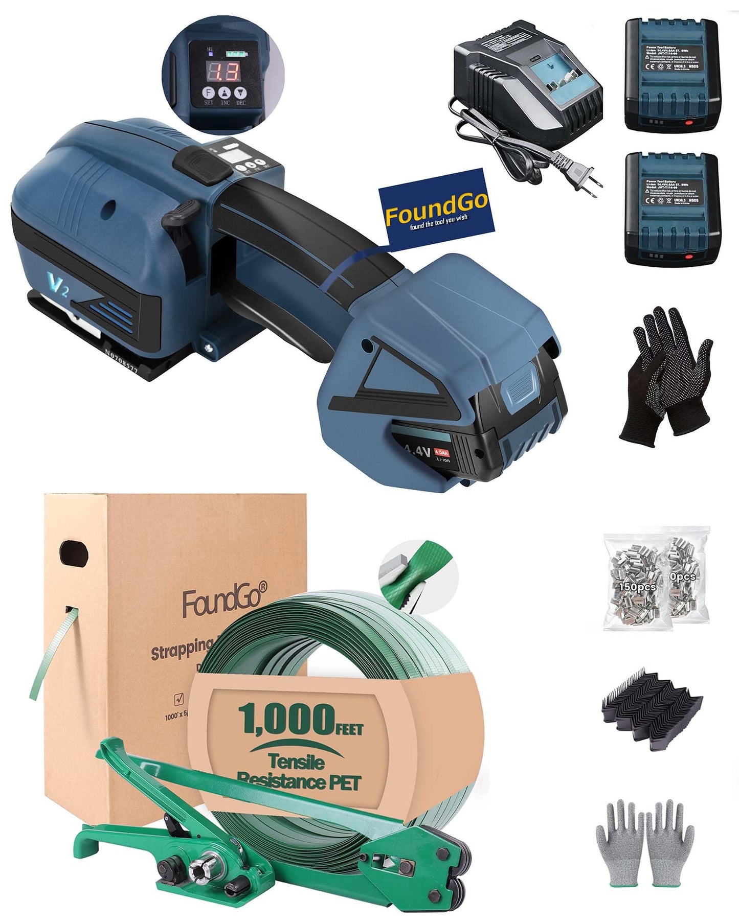 FoundGo Electric Strapping Machine with LCD Screen&PET Banding Strapping Kit for Heavy Duty Tough Pallet Packaging
