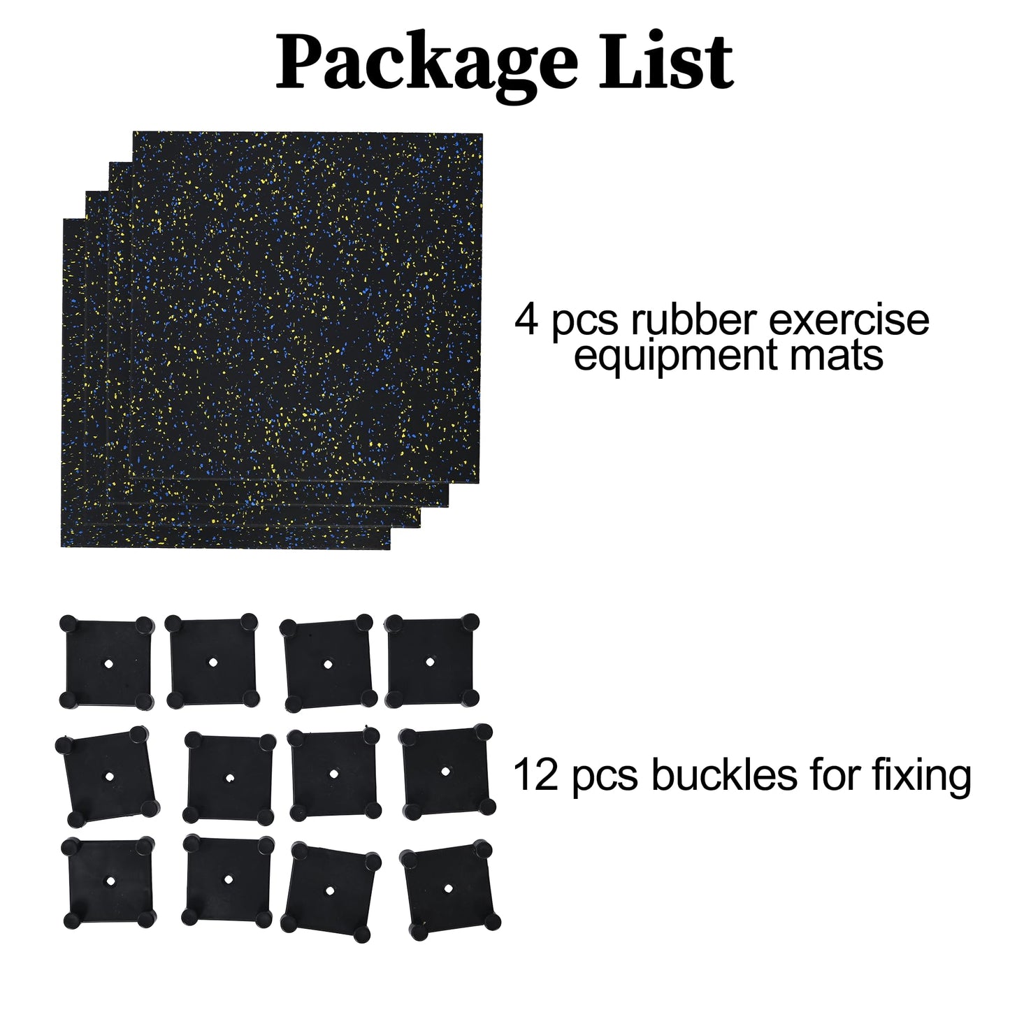 Nisorpa 1" Thick Rubber Exercise Equipment Mats, Anti-Vibration Pads 20" x 20'', Sound Absorbing Mat, Gym Floor Tiles Non-Slip, with 12 Pcs Buckles for Fixing, for Fitness Equipment (4 Pcs)