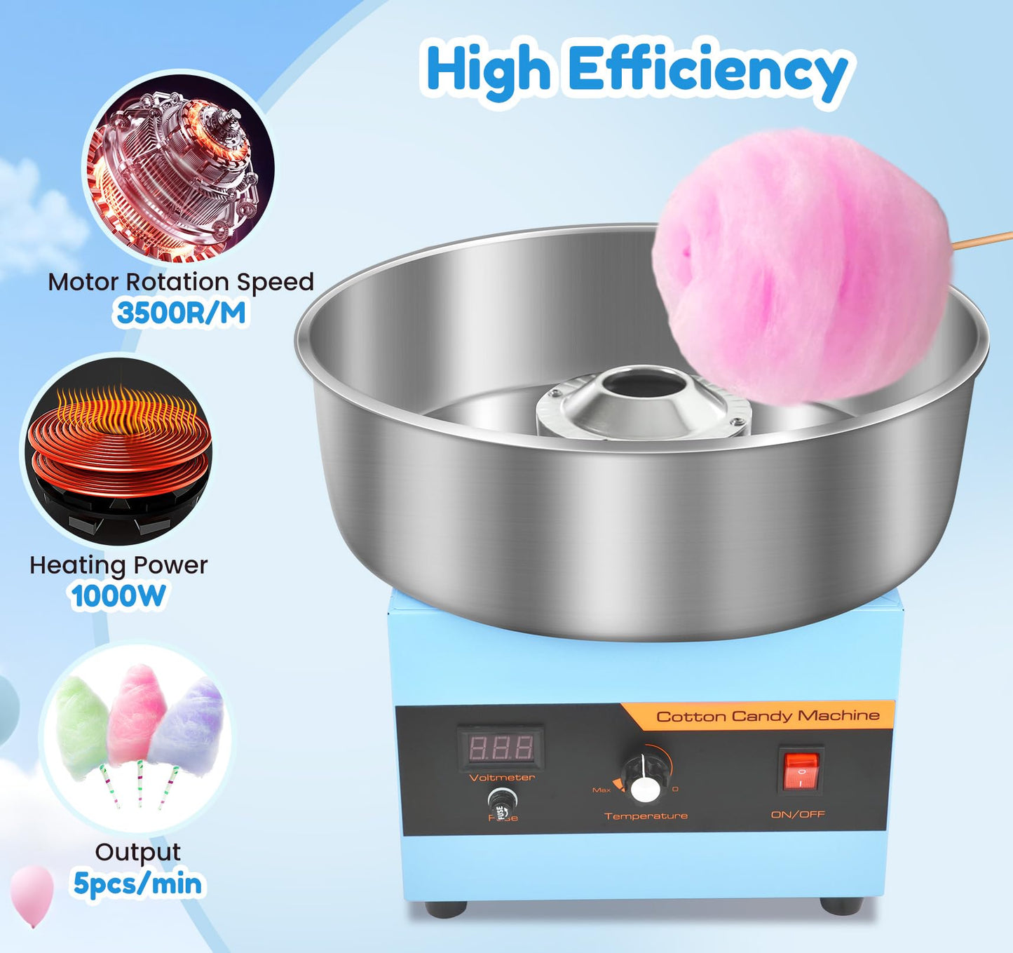 Cotton Candy Machine Commercial, 1000W Professional Cotton Candy Machine, Cotton Candy Maker with Stainless Steel Bowl, Bowl Cover and Sugar Scoop for Kids Birthday, Family Party, Festival (Blue)