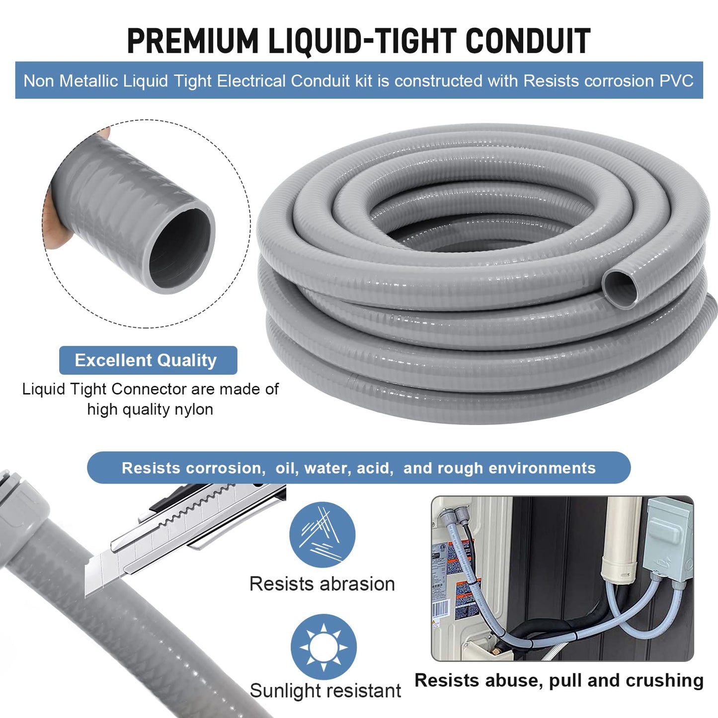 DWALE Liquid-Tight Conduit and Connector Kit,Flexible Non Metallic Liquid Tight Electrical Conduit,2inch 25ft Electrical Conduit Kit,with 4 Straight and 3 Angle Fittings Included,2 in. Dia