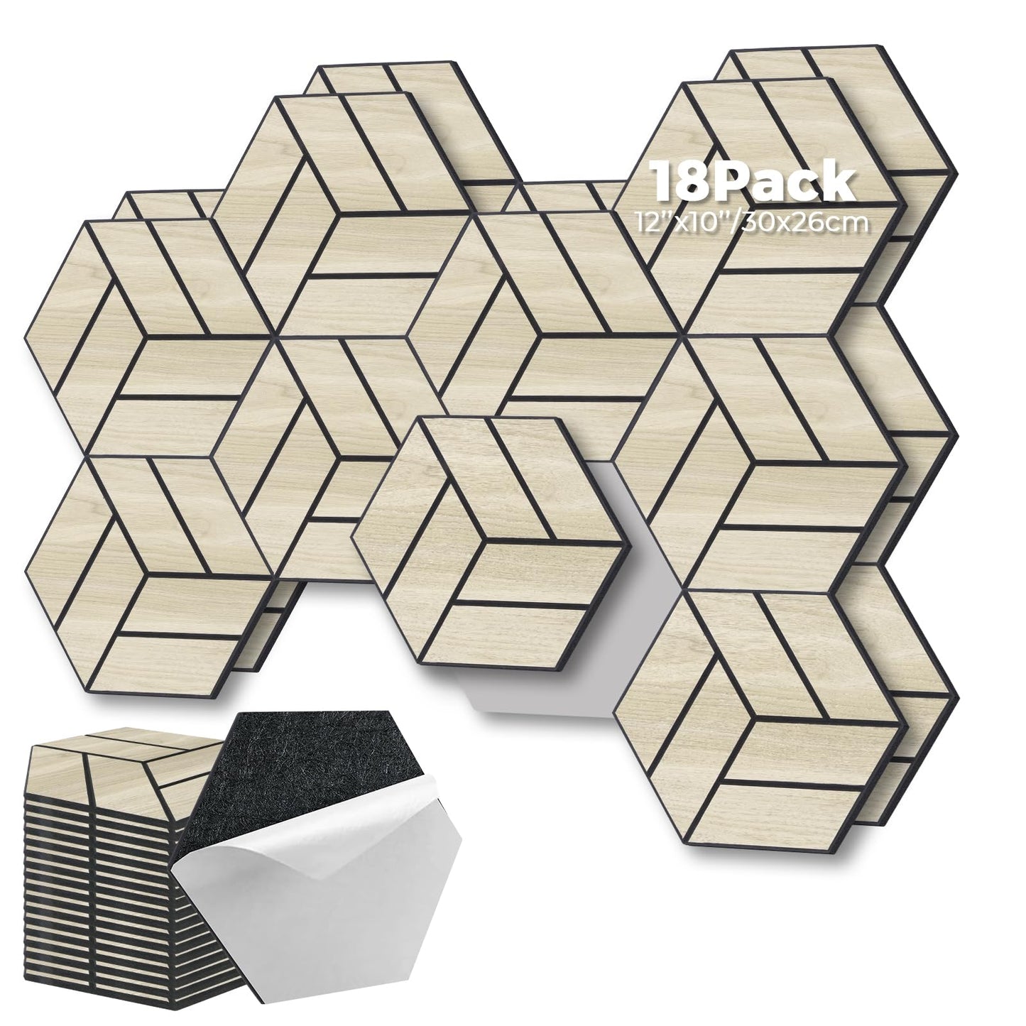 GreenClad 3D Peel and Stick Acoustic Wall Panel – 18-Pack White Maple Soundproof Wood Look Wall Panels for Interior Wall Decor, Hexagon Design