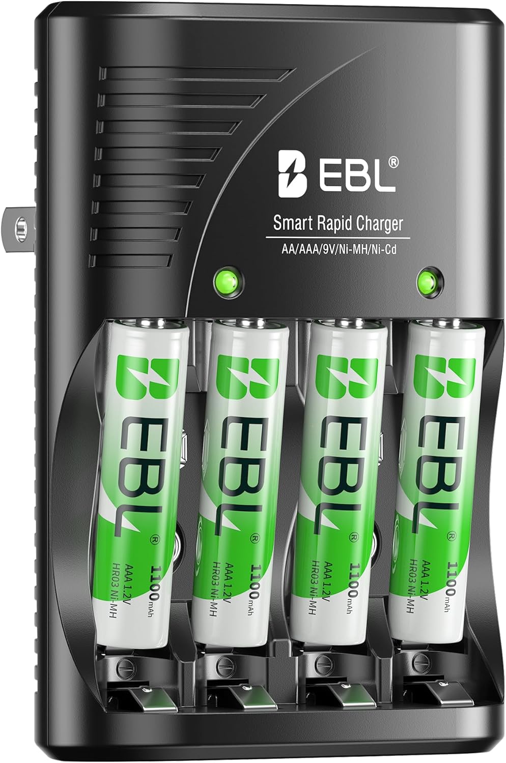 EBL 4 Packs, 9V Rechargeable AAA Batteries Battery Charger with Foldable AC Power Plug for AA AAA Ni-MH Ni-CD