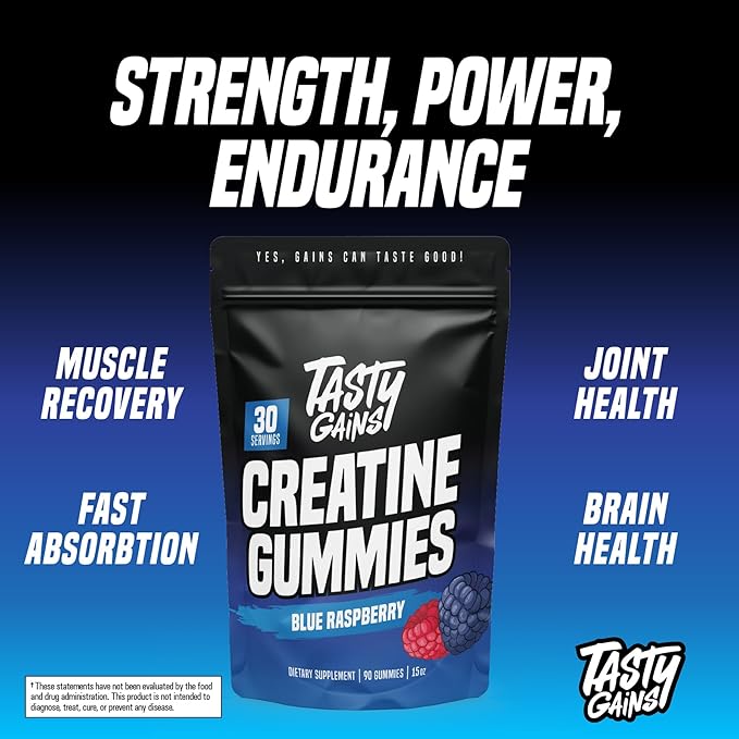 Creatine Gummies - 90g of Creatine Monohydrate - Workout Supplements - Build Muscle & Boost Strength for Men & Women - Made in USA - Non GMO - Vegan Friendly (Large, Blue Raspberry)