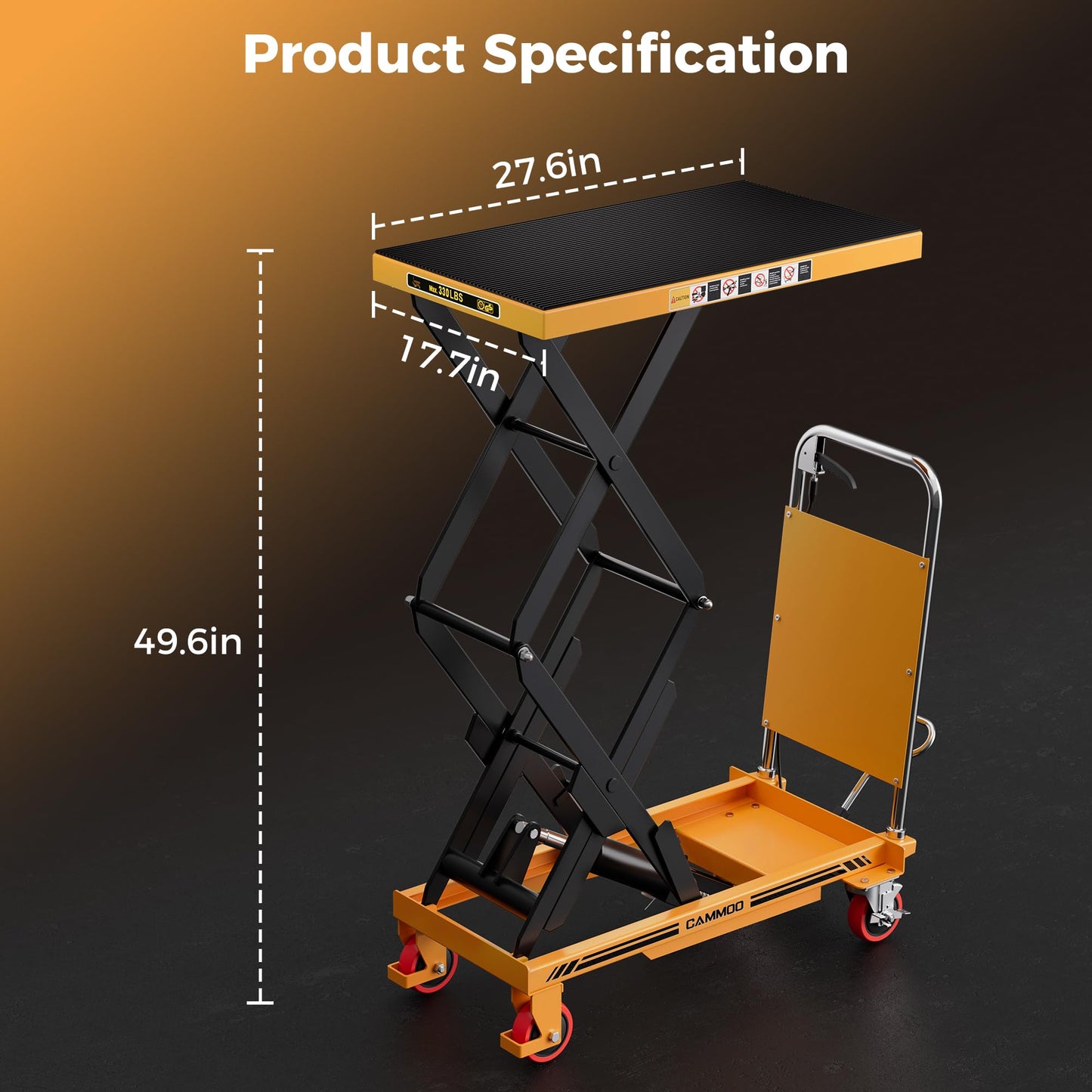 CAMMOO Hydraulic Lift Table Cart, 330lbs Capacity 49.6" Lifting Height, Double Scissor Lift Table with Non-Slip Pad & Safety Guard for Material Handling & Transportation, Yellow