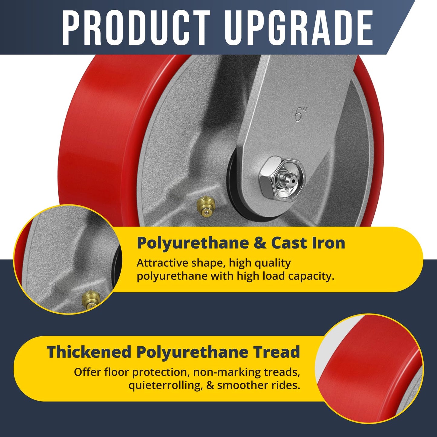 HANDSAMMU 6" X 2" Heavy Duty Casters- Industrial Casters, Polyurethane Casters Wheels, Capacity up to 4800 Lb. Use for Platform Truck, U-Boat Cart,Workbenches (4 Rigid)