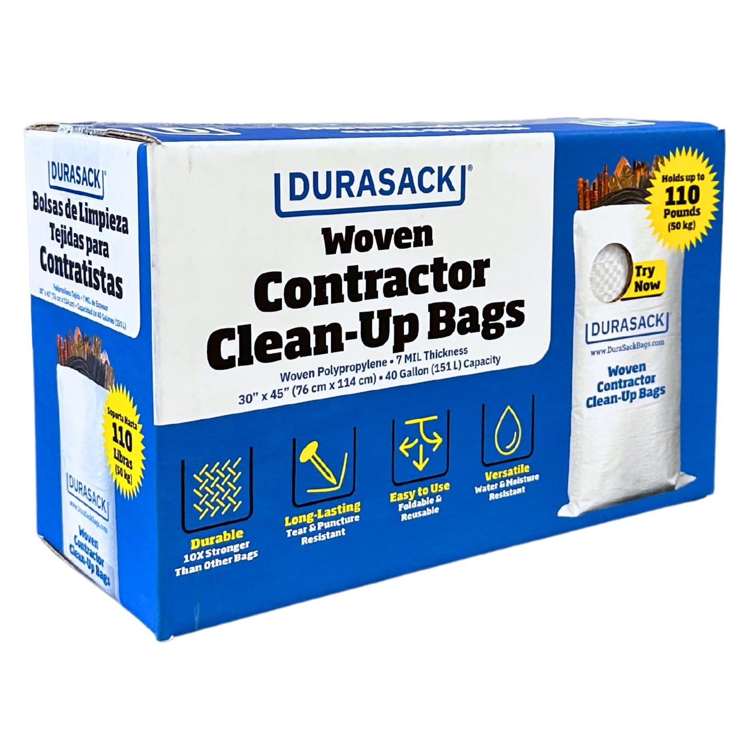 DURASACK Contractor Bags Heavy Duty 40-Gallon Reusable White Woven Polypropylene Contractor Garbage Bags, Pack of 16