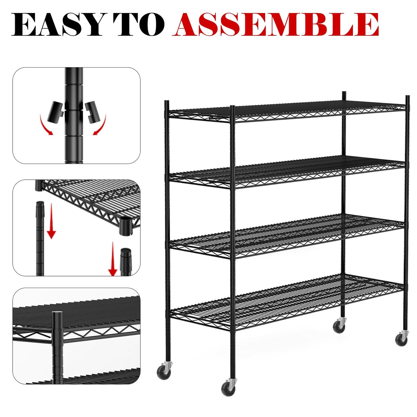 Vioranex Heavy Duty Adjustable Metal Shelving Unit with Wheels, 2400LBS Capacity, 4-Tier Wire Rack for Garage, Pantry, Kitchen, 59" W x 19.5" D x 62.3" H