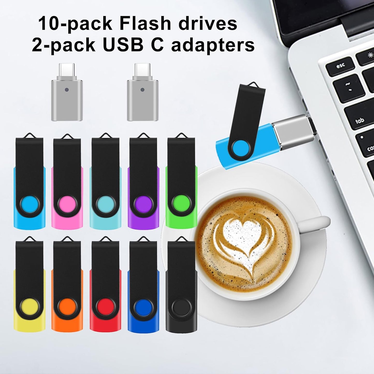 WesData 10 Pack 4GB 2 (10 Flash Drives with USB C Adapters, Thumb Drive, Memory Stick Compatible with PC, Laptops, Mac