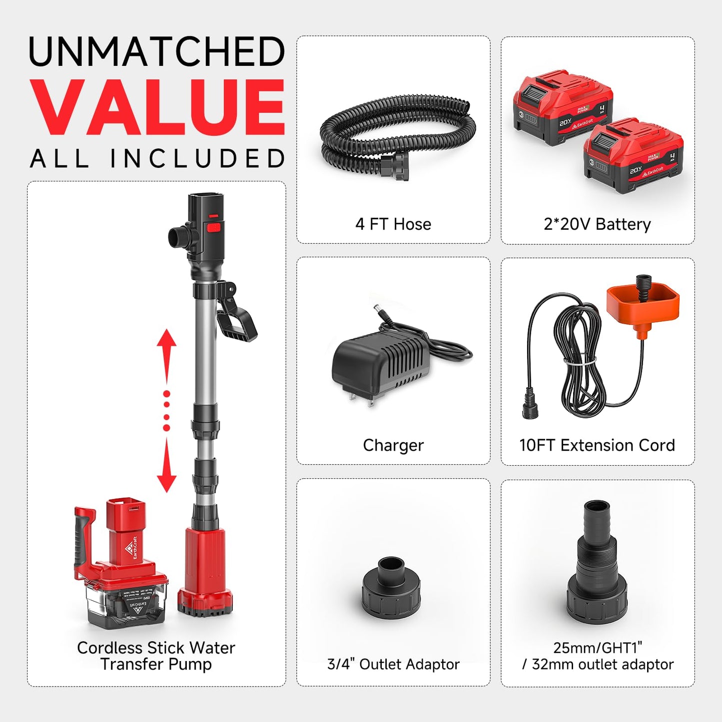 Cordless Stick Water Transfer Pump with 2 * 4.0AH Battery & Charger,740GPH Telescoping Pole Pump, 33FT Head, Handheld Portable Utility Sump Pump Kit for Garden, Boat, Deep Well Draining