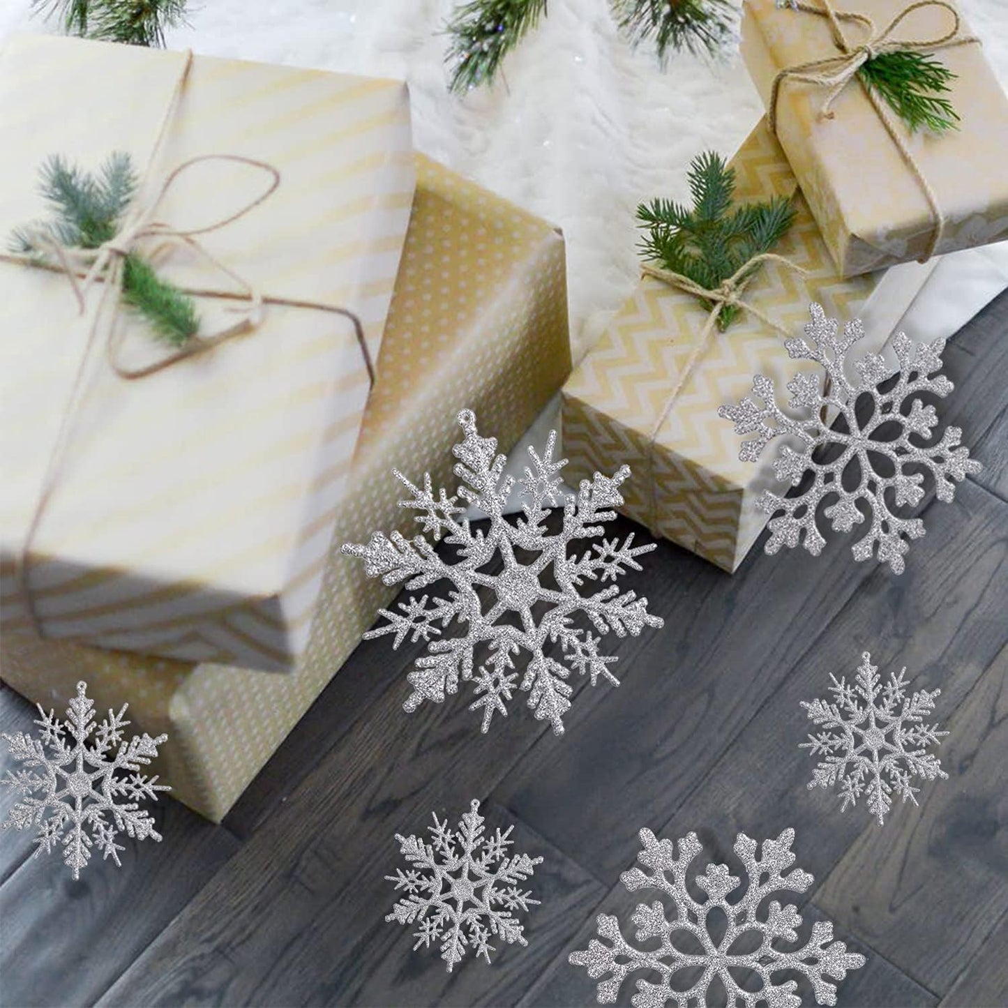 Skiennix Silver Snowflake Ornaments - 36 Pack Glittery Plastic Decorations for Winter & Christmas Trees