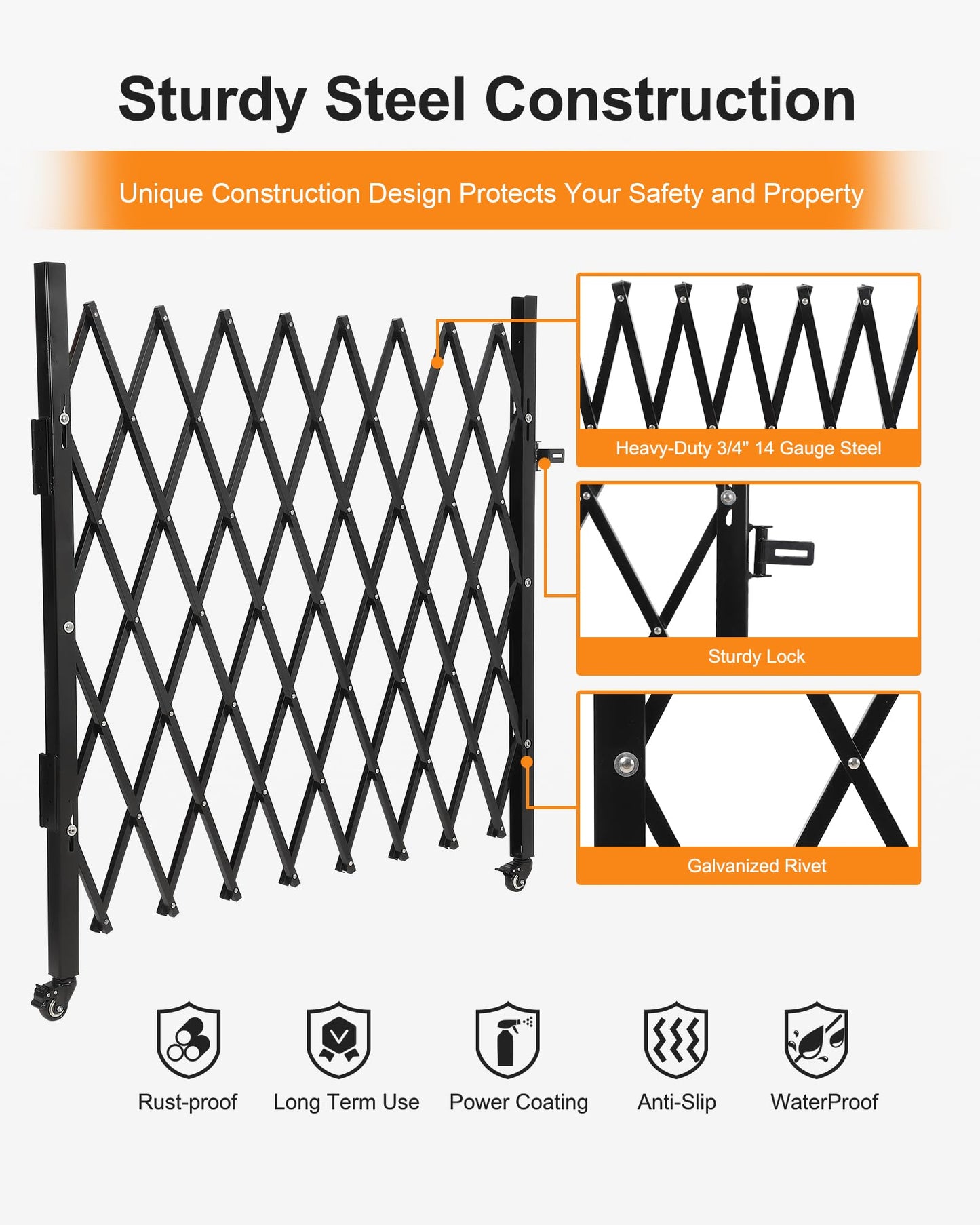 Single Folding Security Gate, 61" H x 71" W Flexible Expanding Security Gate, Folding Driveway Door Gate, Aluminum Security Gate, 360°Rolling Barricade Gate, Scissor Gate or Door, Black