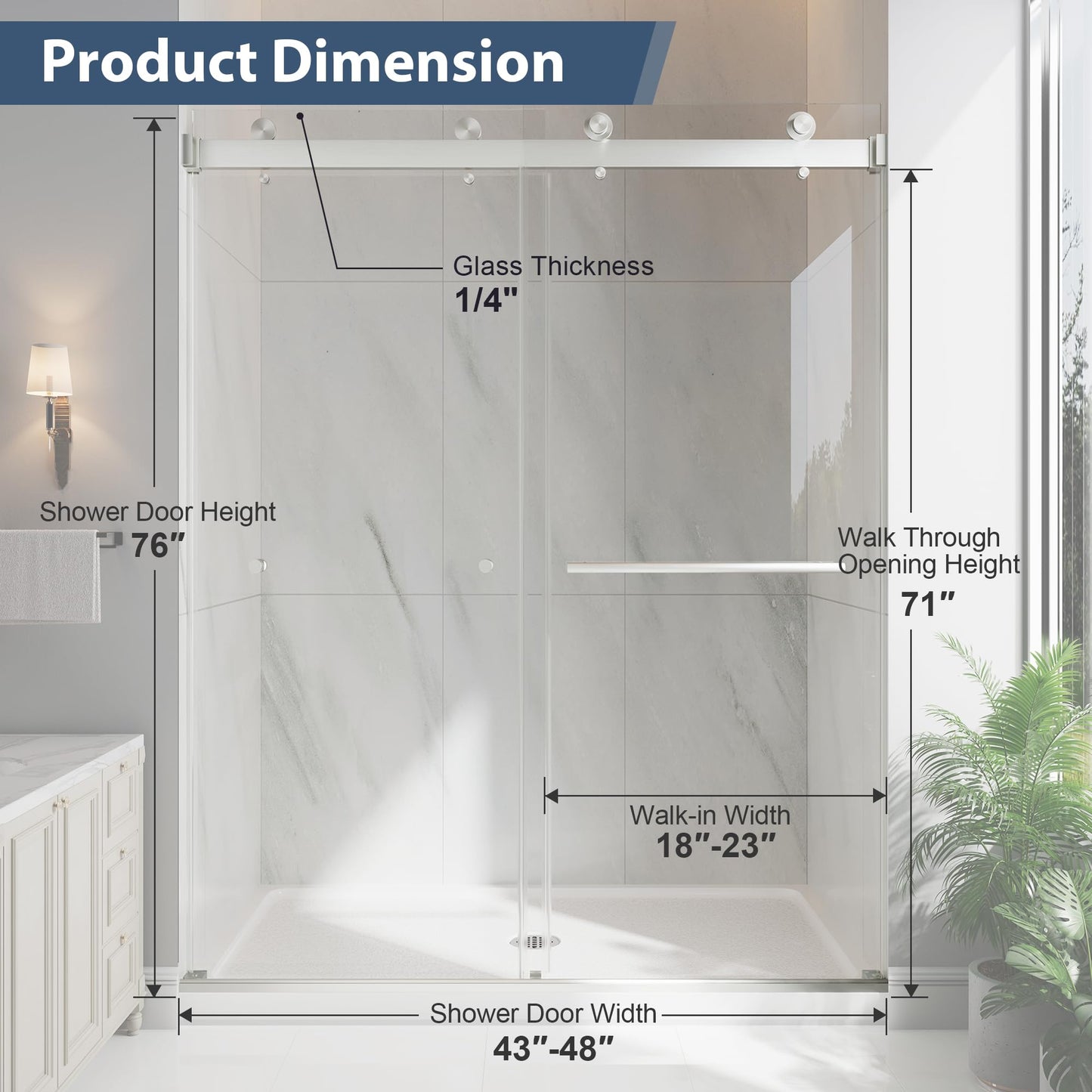 EASYWORC Frameless Double Sliding Shower Doors, 43-48" W x 76" H Shower Glass Door, 1/4" (6mm) Thick ANSI Certified Tempered Glass with Explosion-Proof Film and Nano Coating, Brushed Nickle