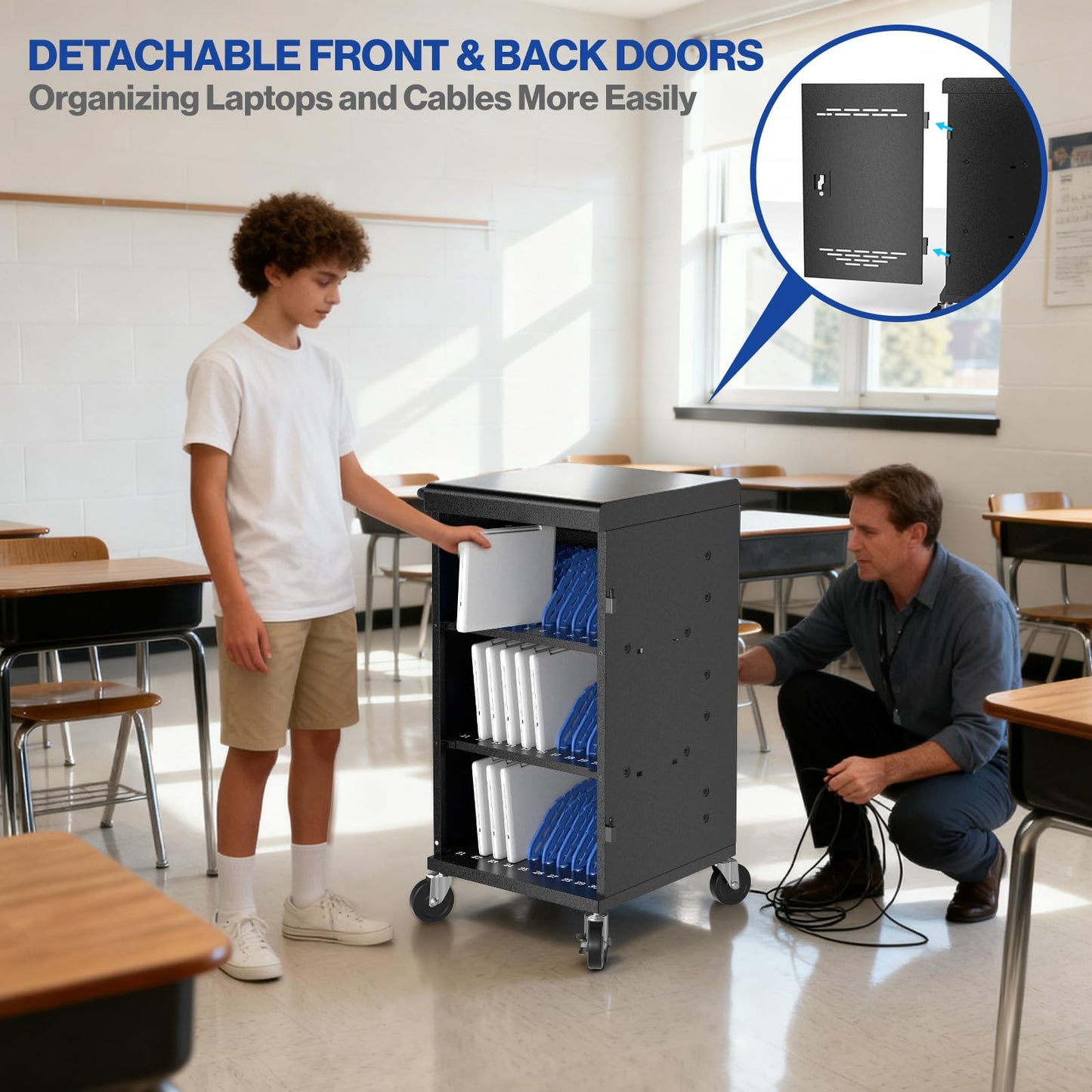 30 Unit Device Charging Station for Chromebook, iPad, 14'' Laptop - Charging Cart with Charger Cable Management, Circuit Breaker, Grounding Protection, Assembly Required