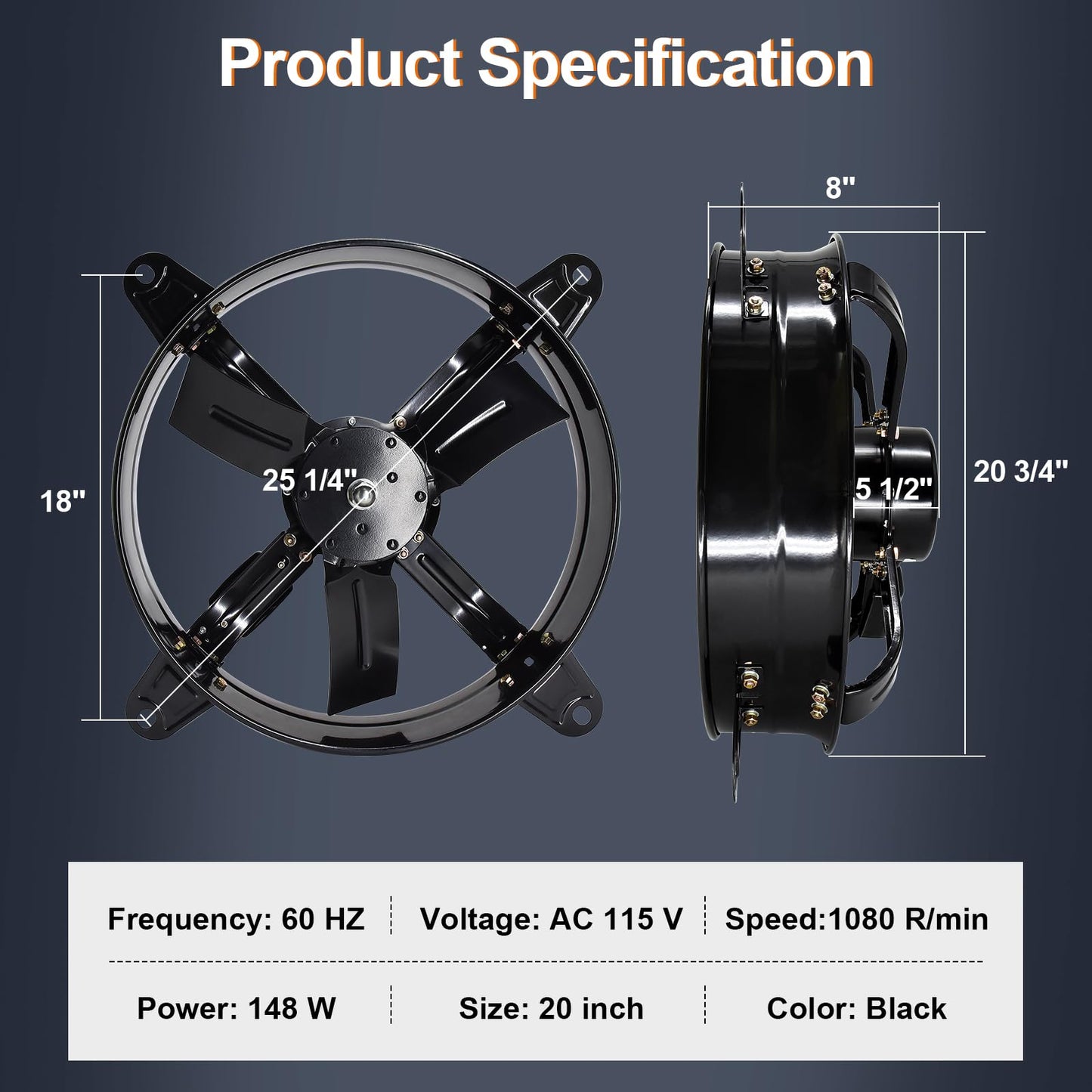 Hiorucet 20 Inch Wall Mounted Attic Gable Vent Fan with Adjustable Temperature Thermostat Control, 60HZ, 115V, 1080R/min, 148W, Gable Mount Vent Attic Fan with Pure Copper Motor, High Speed Low Noise