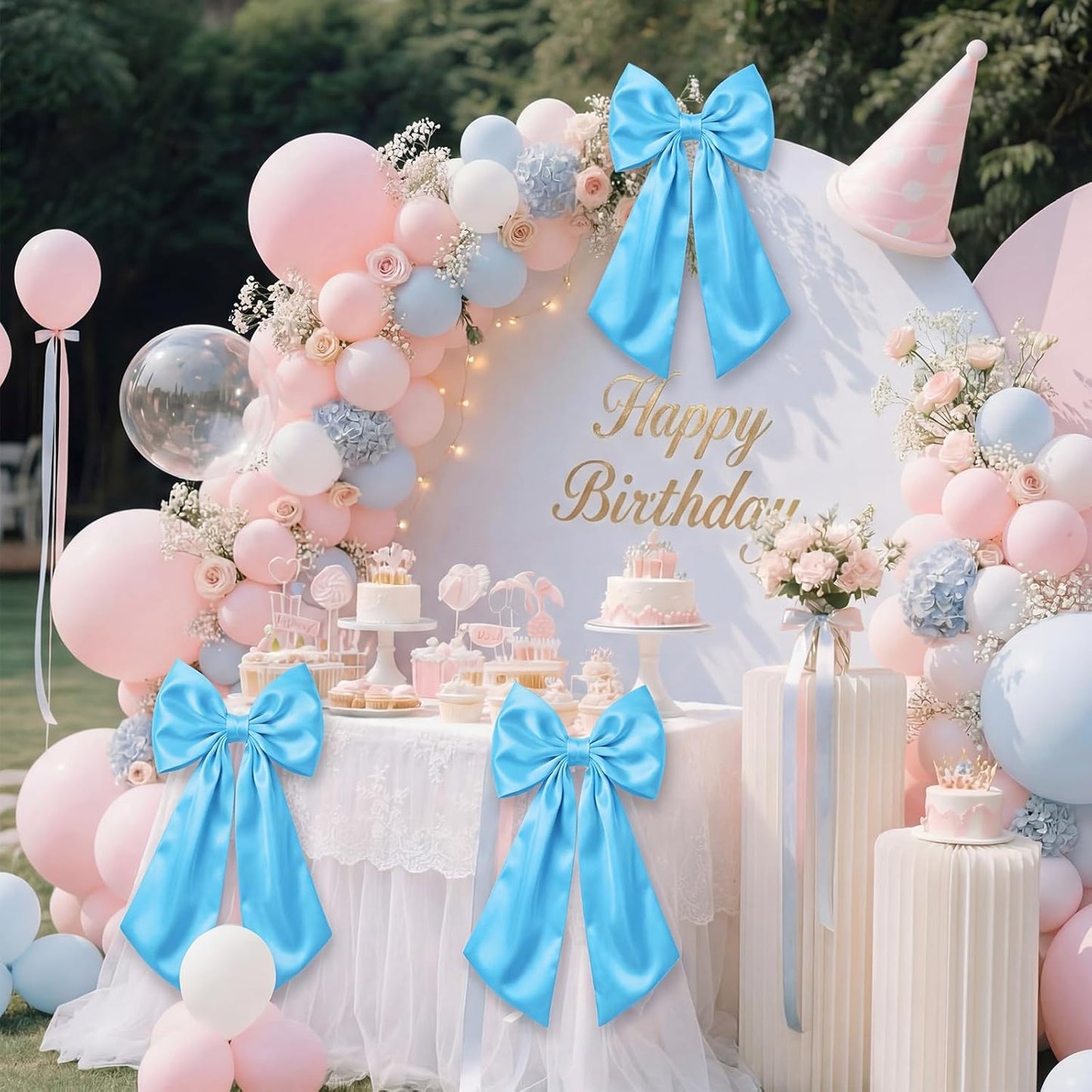Suncalla Large Sky Blue Satin Bow Decorations - 3 Pcs 2 Ft Hanging Wall Decor for Weddings & Parties
