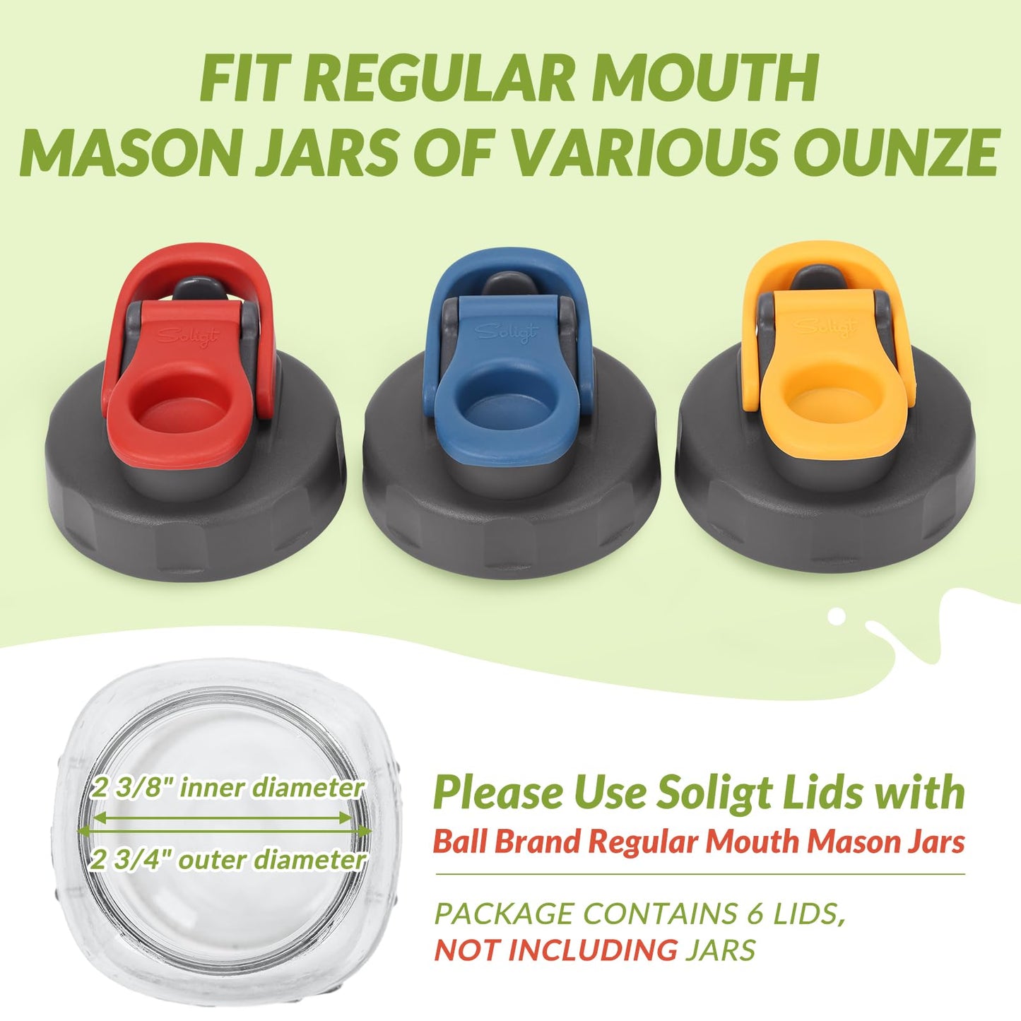 Soligt 6 Pack Mason Jar Lids, Regular Mouth Pour Spout Flip Cap Lids for Ball Brand Mason Jars, Leak Proof Airtight for Drinking Salad Dressing & Food Storing (jars are not included)