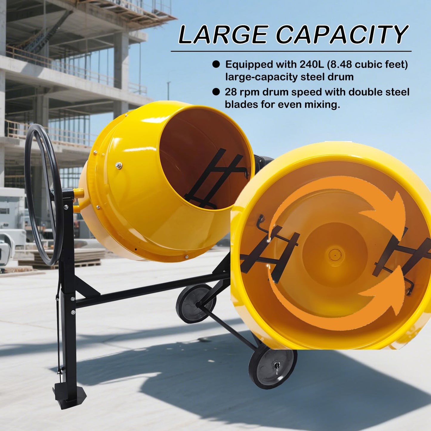 HayWHNKN 8.48 Cu.Ft Electric Concrete Mixer 360° Rotation Portable Concrete Cement Mixer with Wheels 1000W Steel Drum