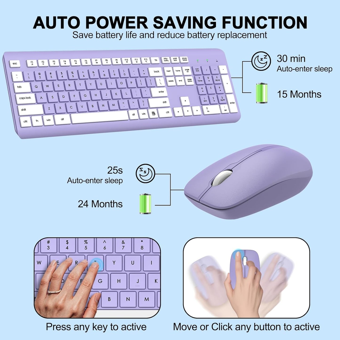 EDJO 2.4G Wireless Keyboard and Mouse Combo, Full-Size Silent Ergonomic Keyboard and Optical Mouse, Long Battery Life