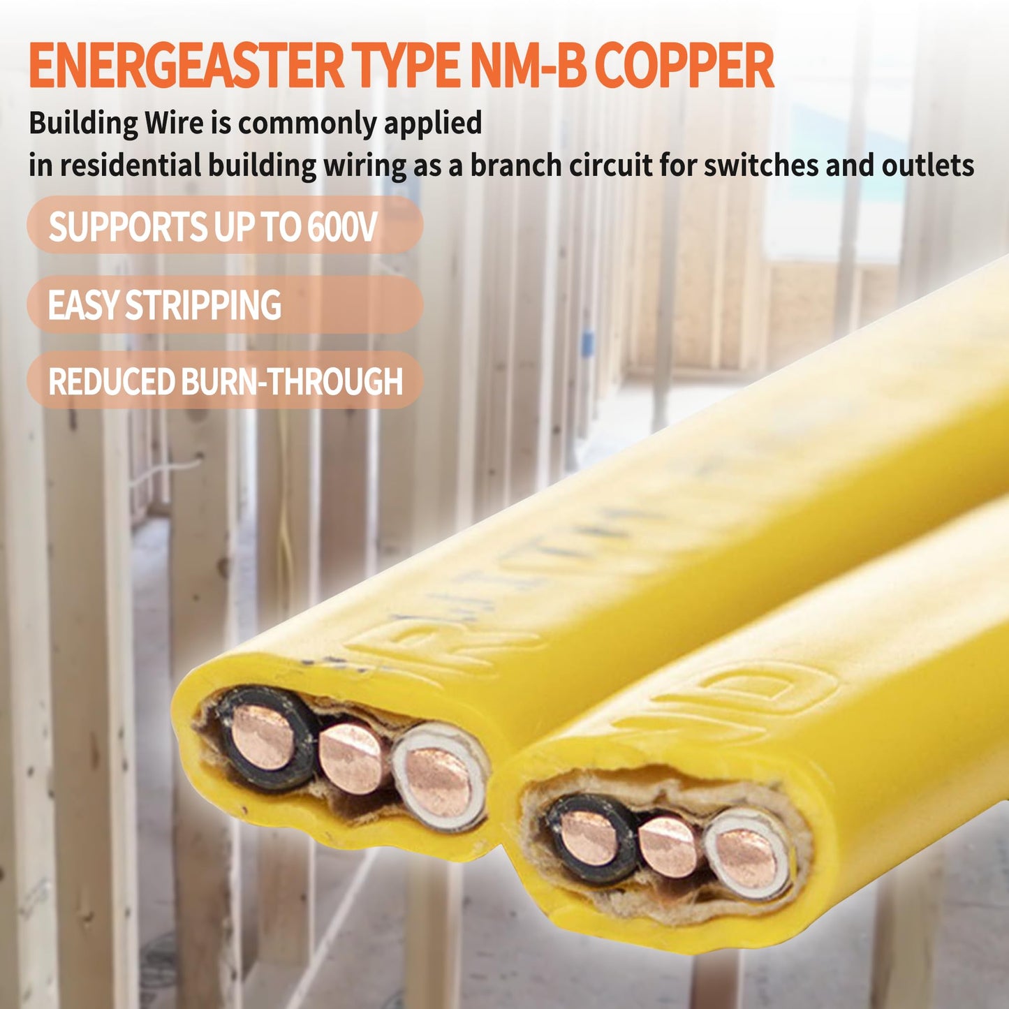 Energeaster Solid Indoor 12/2 W/G NMB Cable 100ft Coil，Electrical Wire 12 Gauge Wire 2 Conductors Non-Metallic with Ground Wire(Yellow)