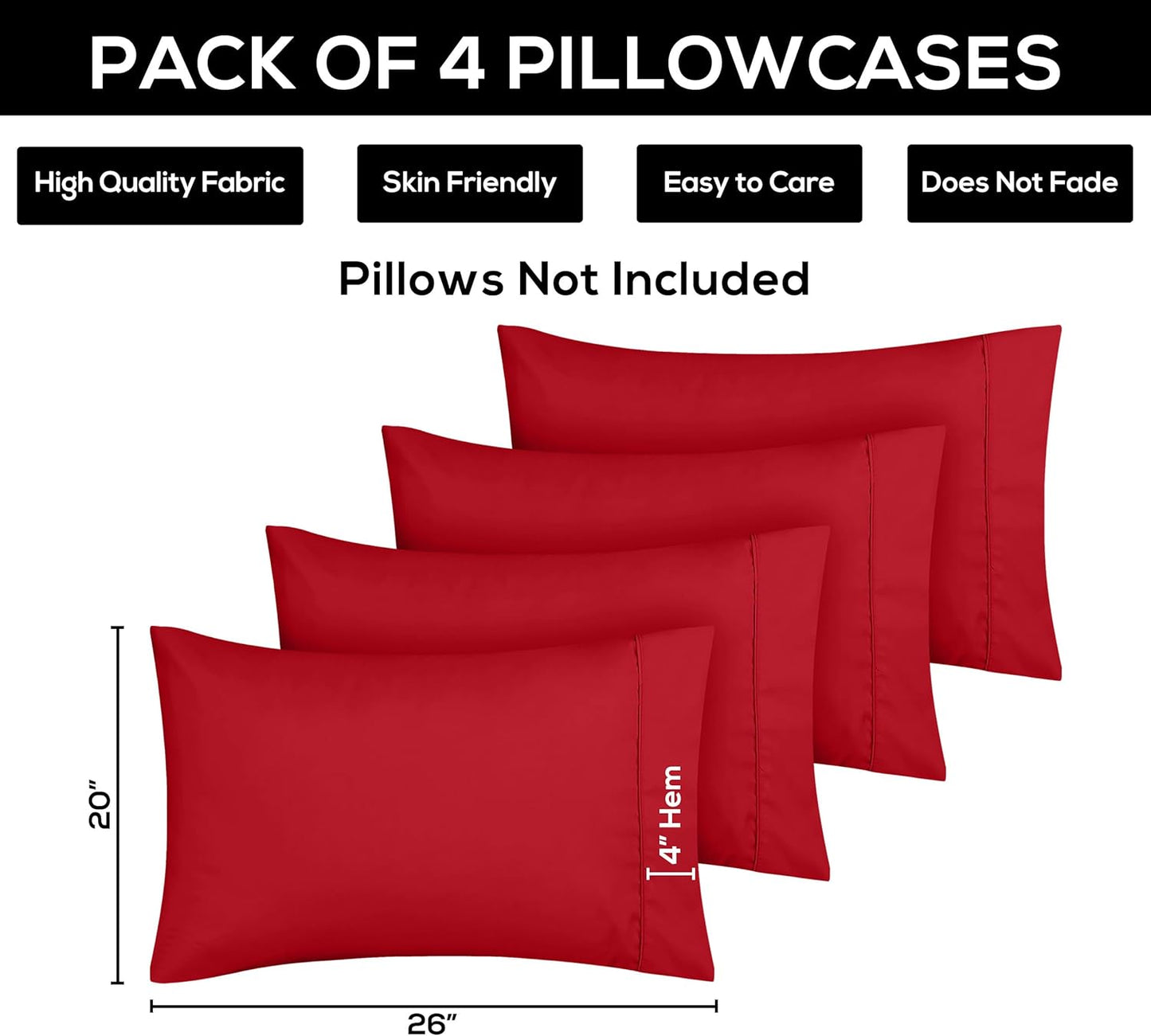 Utopia Bedding Standard Pillow Cases - 4 Pack - Soft Brushed Microfiber - Fade Resistant | 20 x 26 Inches (Red)