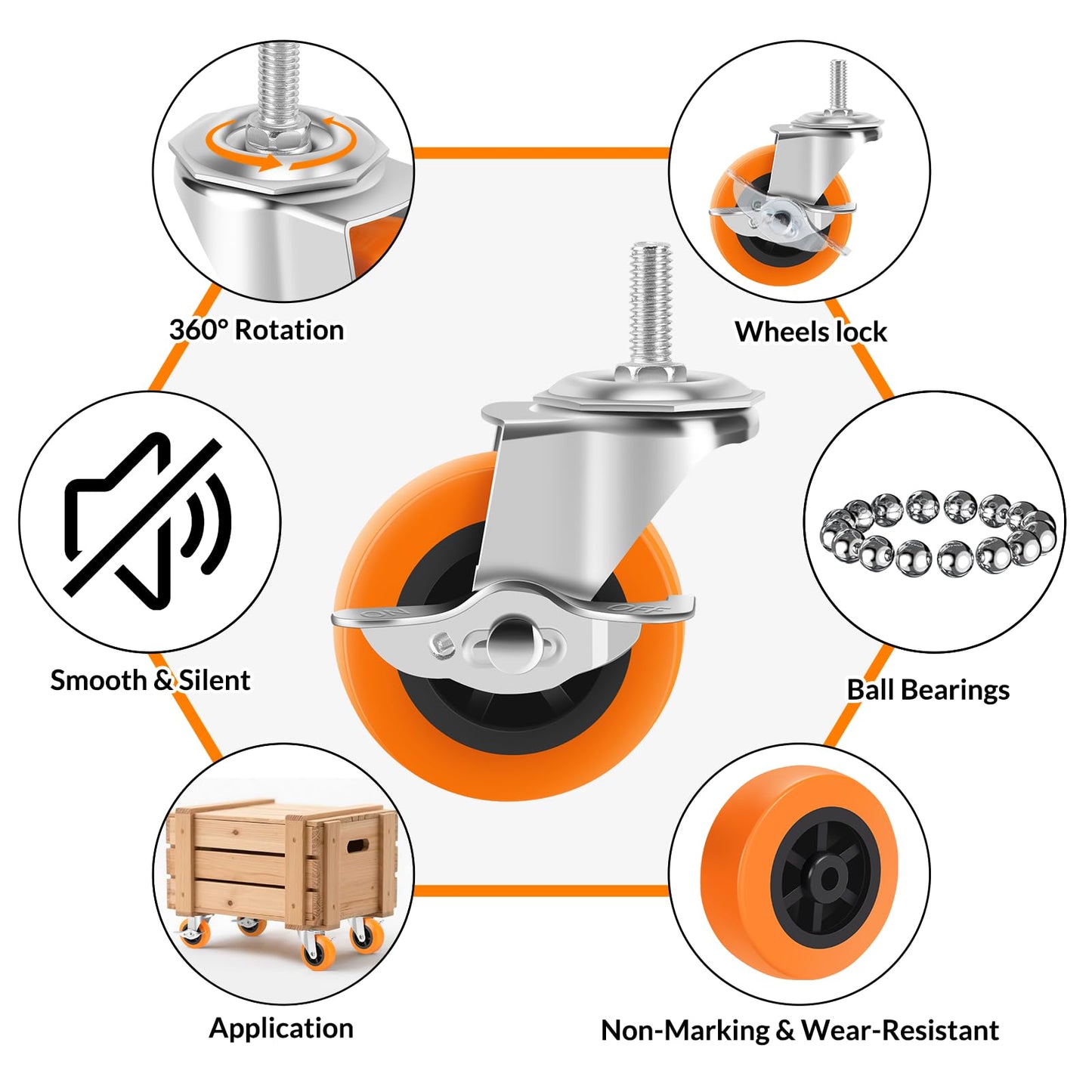 Caster Wheels, 3 Inch Casters Set of 4, Threaded Stem 3/8"-16 x 1 (Screw Diameter 3/8", Length 1") Polyurethane Locking Swivel Castors,Heavy Duty Caster with Brake Wheels for Furniture and Workbench
