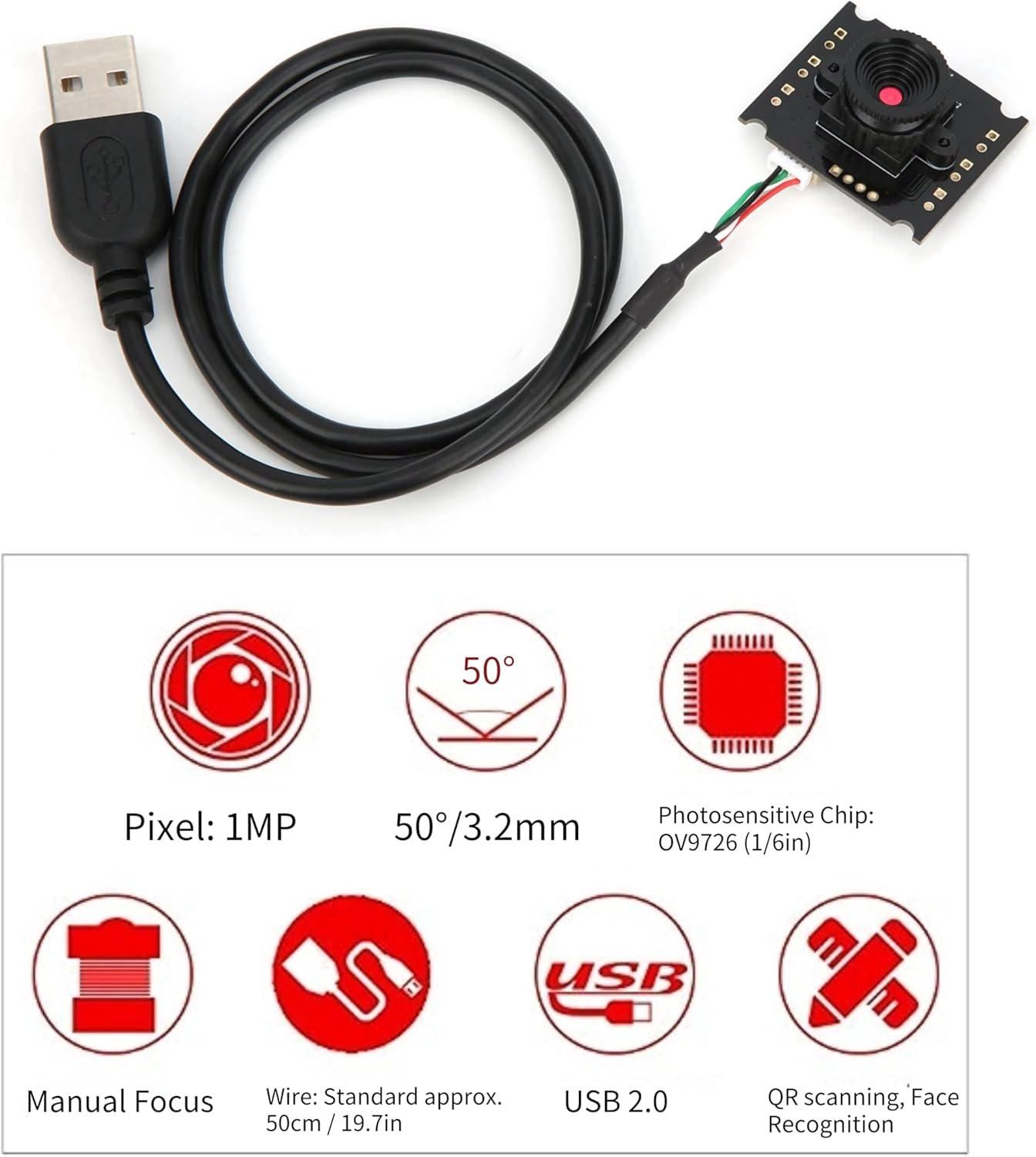 Walfront HBV-W202012HD 10/OS 1280x720P USB Camera Module, Camera Module USB Interface for WinXP X/L inux/Android