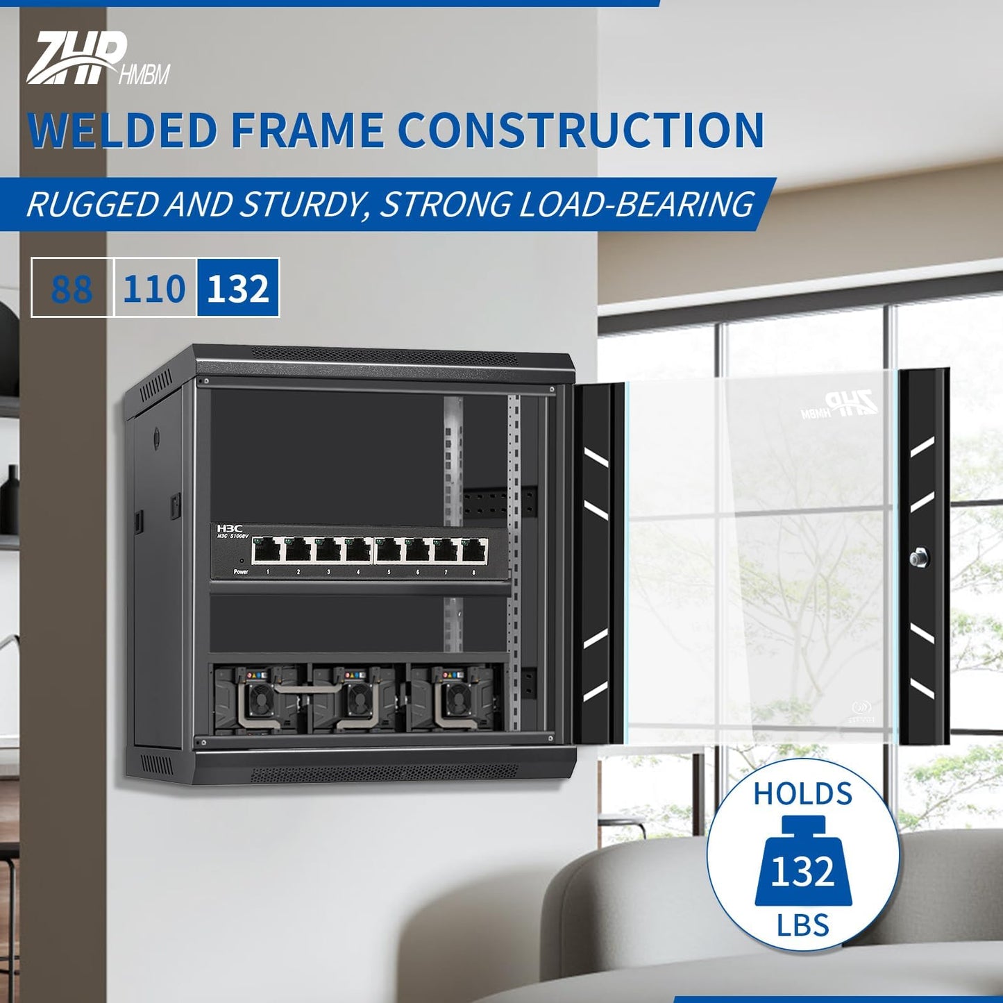 ZHPHMBM 12U Server Rack Cabinet, Wall Mount Network Rack Enclosure Includes Locking Glass Door, Removable Side and Back Panels, 15" Deep Network Data Cabinet for Computer IT and A/V Equipment