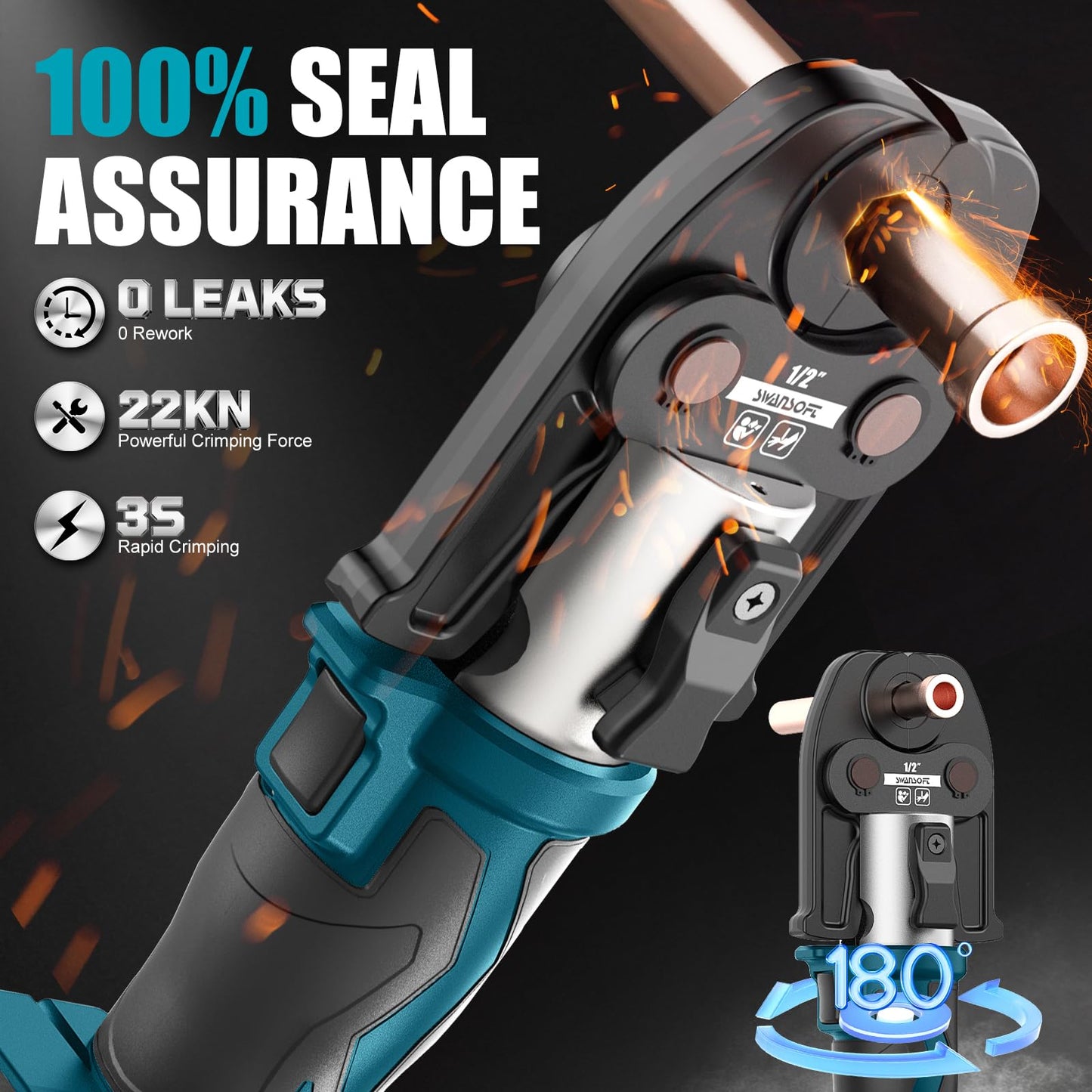SWANSOFT Pro Press Tool, 18V 4Ah Battery Electric Hydraulic Crimping Tool for Copper Pipes with 3 US Compact VUS 1/2", 3/4'', 1",Jaws Pro Press Copper Plumbing Crimper Tool Kit (SWPR-12522T)