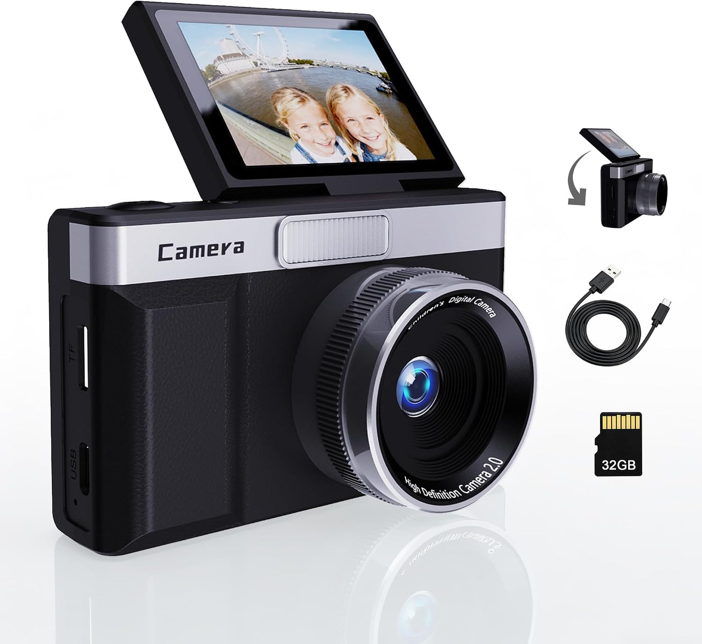 Frelisty 2" 1080P 32GB 8X Black Digital Camera with Flip Screen for Selfie, Point and Shoot Digital Camera with Card