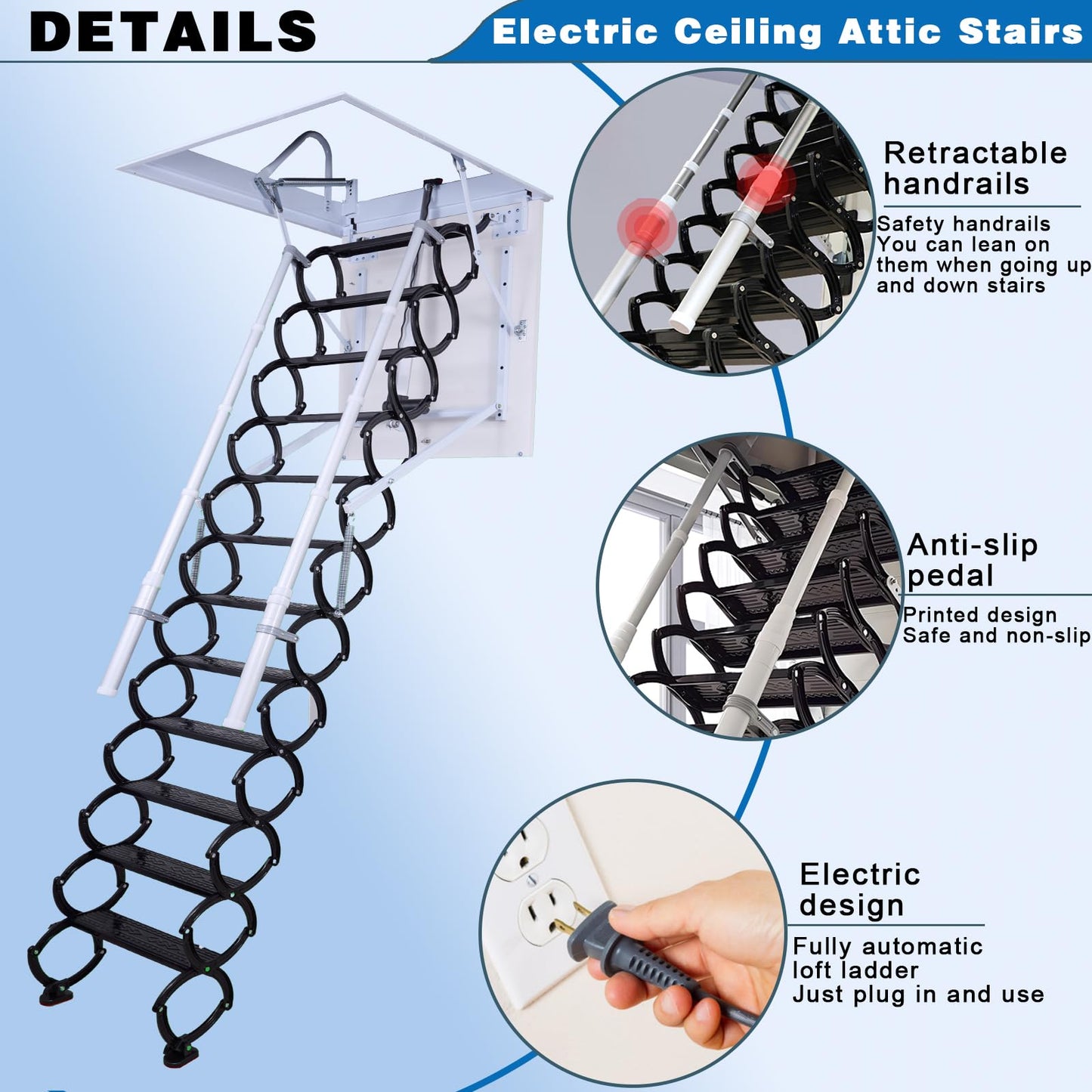 12 Steps Electric Attic Ceiling Ladder, Retractable Pull Down System Attic Stair, Invisible Folding Ceiling Loft Ladder with Telescoping Handrail, Extension Steps Staircase for Home (Black, Steps 12)