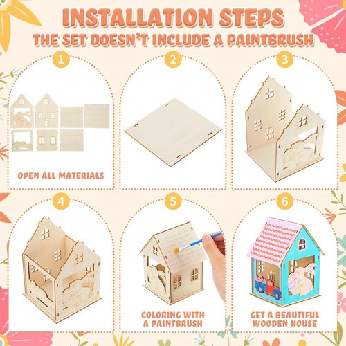 Jenaai 24 Sets Easter Wooden House Crafts - DIY 3D Bunny Village Decor for Spring Celebrations
