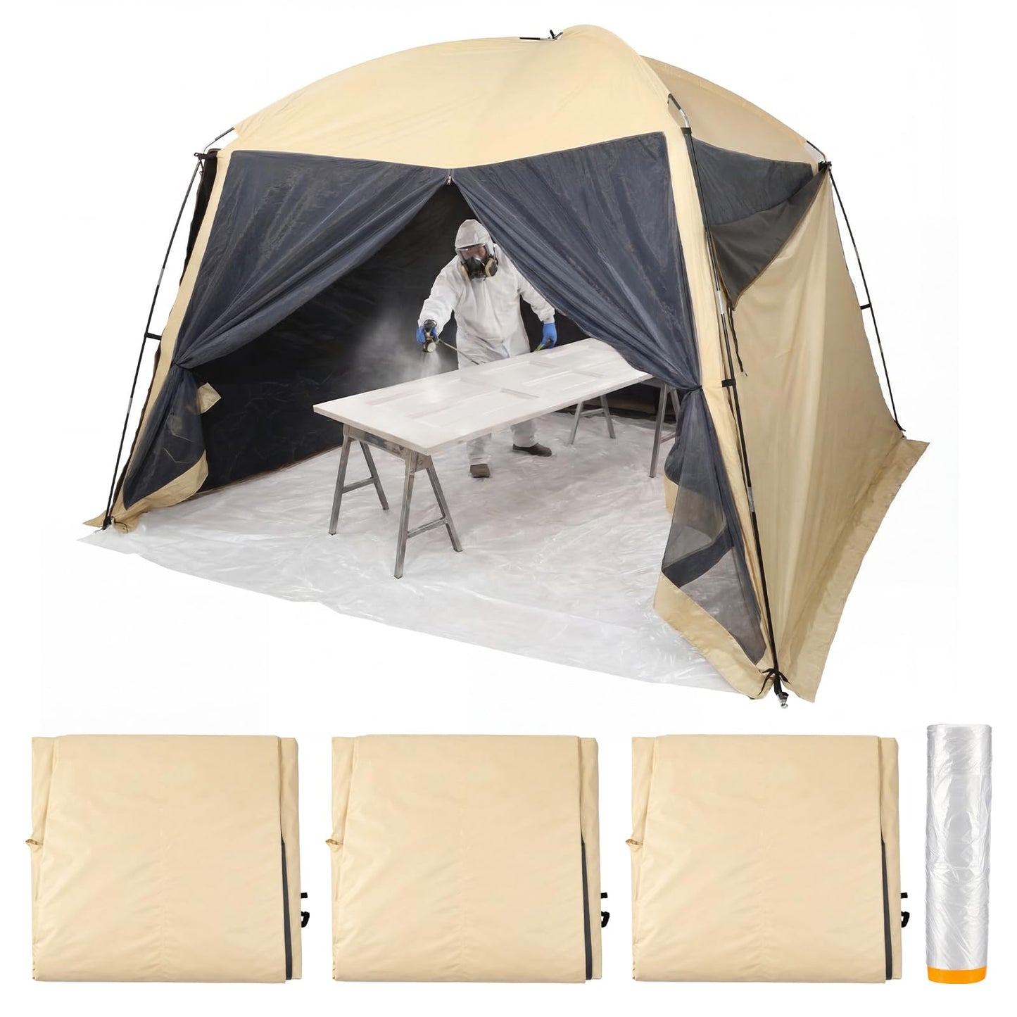 Maasechs Portable Paint Booth Tent 10.8 x 10.8 x 7.9 FT Extra Large Spray Paint Tent with Removable Walls Mesh Screen Floor Protection Plastic Film for DIY Furniture Hobby Tool Spray Shelter Painting