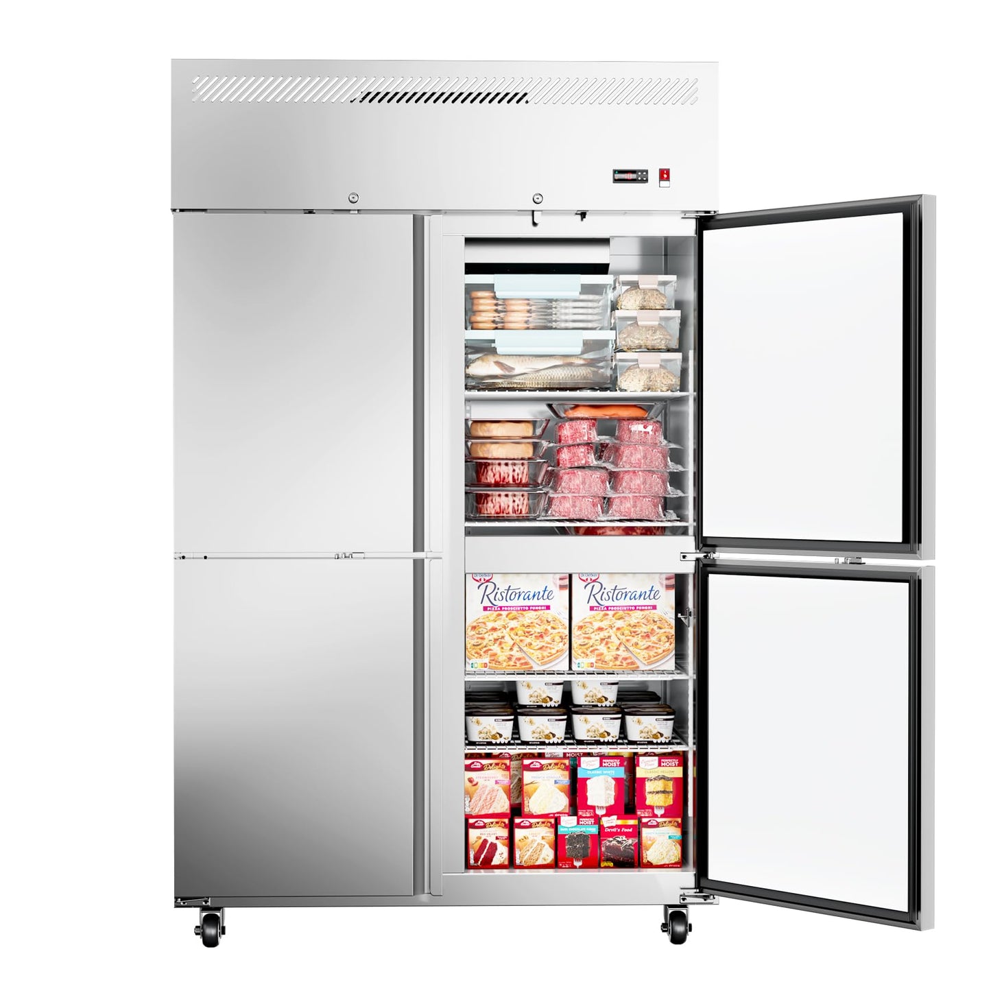 ECEVT 48"W 4 Door Commercial Freezer, 36 Cu.ft Stainless Steel Upright Freezer (-8℉ to -1℉) with 8 Adjustable Shelves, Lockable Door, Wheels, Auto-Defrost for Restaurant, Kitchen, Shop