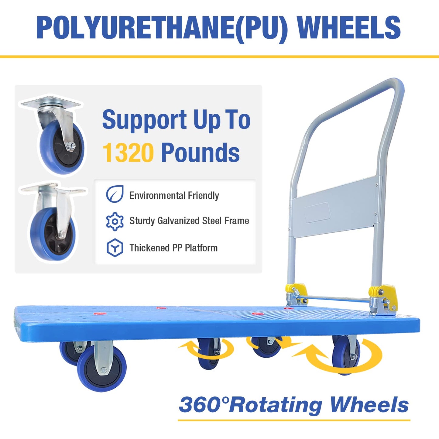 LFGUD 1320lbs Flatbed Cart - Heavy Duty Foldable Platform Hand Truck with 360°Swivel Wheels Loading & Storage