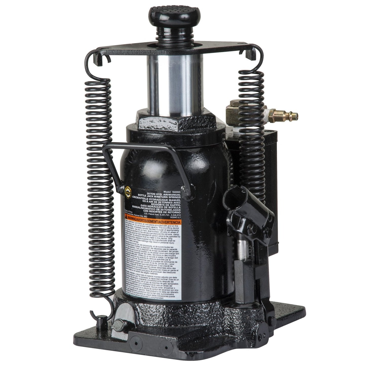 Omega 18206C Black Hydraulic Bottle Jack with Return Springs - 20 Ton Capacity