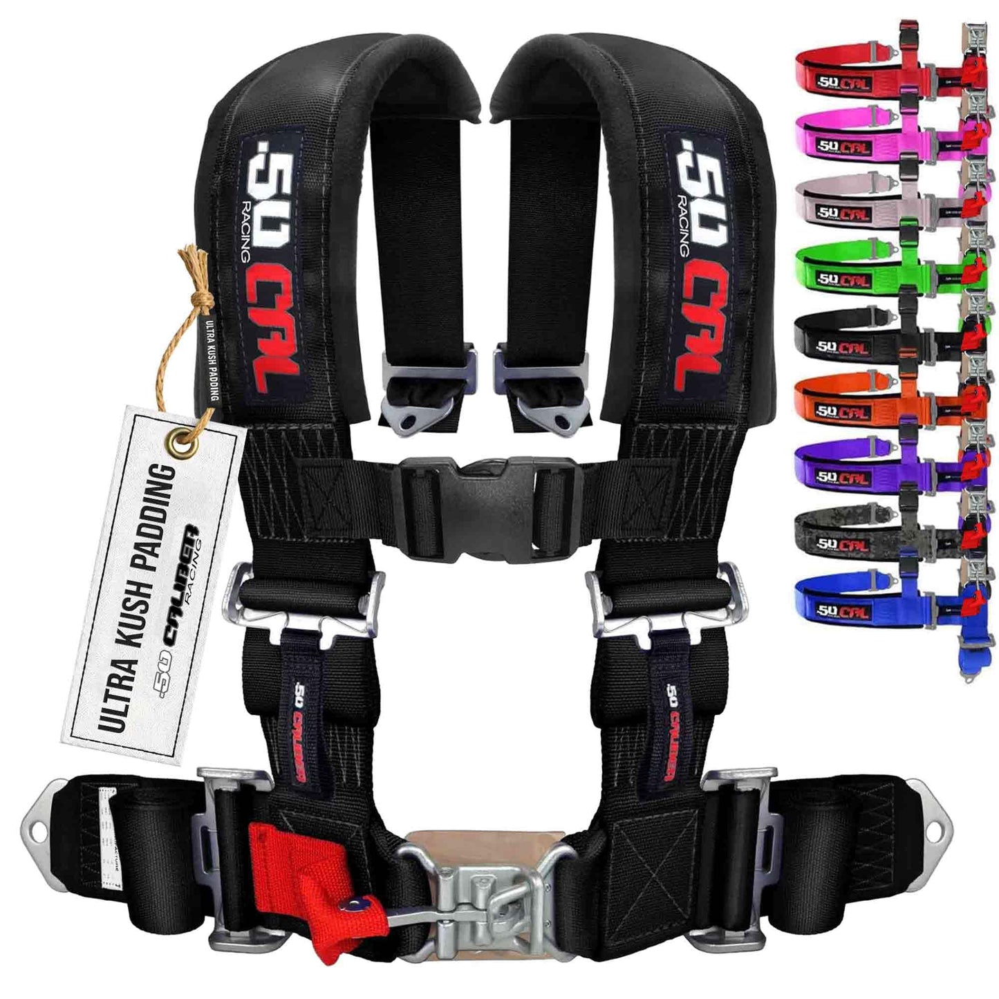 50 Caliber Racing 4 Point Harness - Ultra Kush Padding Safety Restraint System for UTV ATV SXS - Quick Release Latch - 9 Colors Available - Professional Grade [6008] 1pc Black