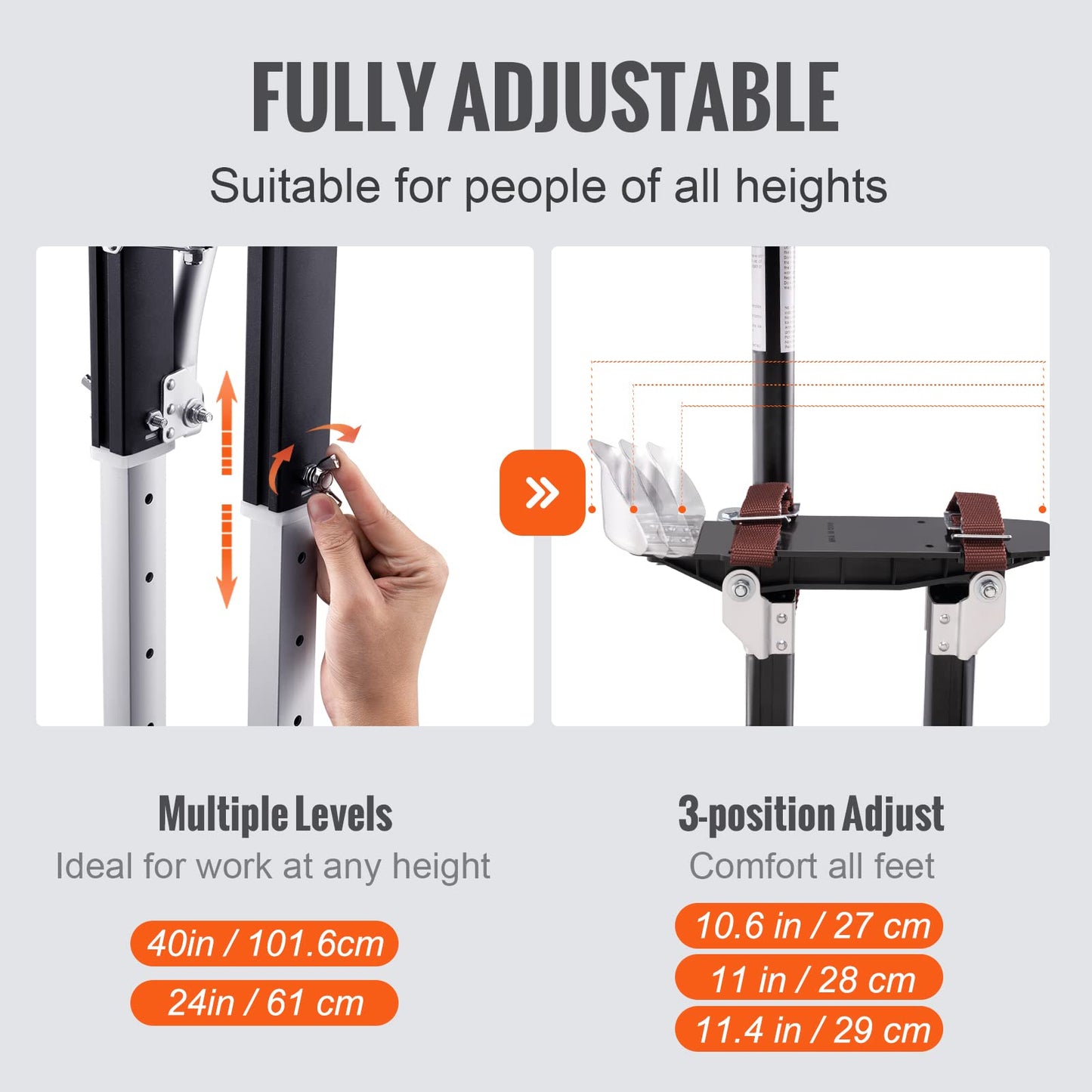 VEVOR 24''-40'' Adjustable Aluminum Drywall Tool Stilts, Durable Non-Slip Work Stilts with Protective Knee Pads, for Sheetrock Painting, Taping, Walking, Black