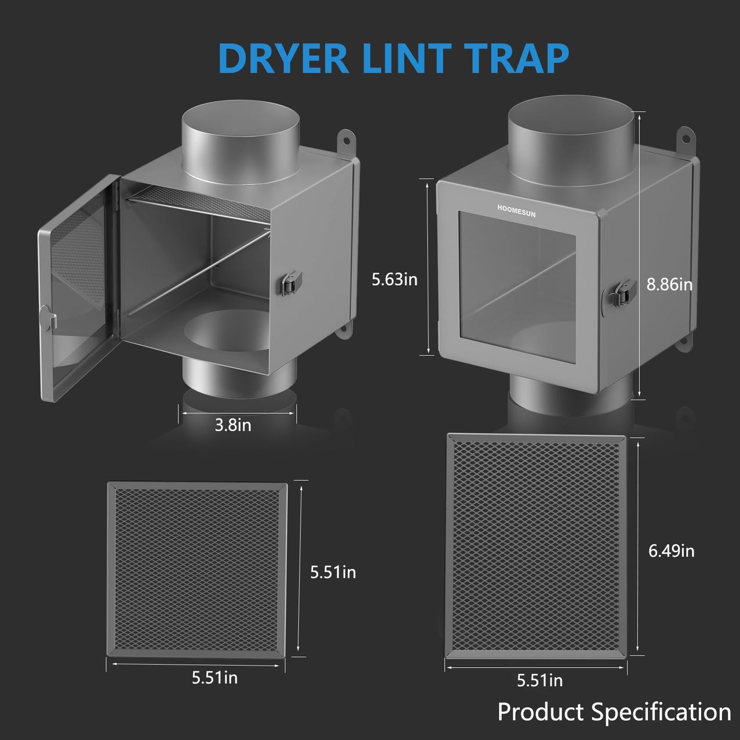 HOOMESUN Dryer Duct Lint Trap, Indoor Dryer Vent Kit with 4inch 8FT Dryer Vent Hose, 2 Clamps, 2 Stainless Steel Mesh, Secondary Lint Trap for Electric Clothes Dryers - Dryer Lint Catcher(Metal)