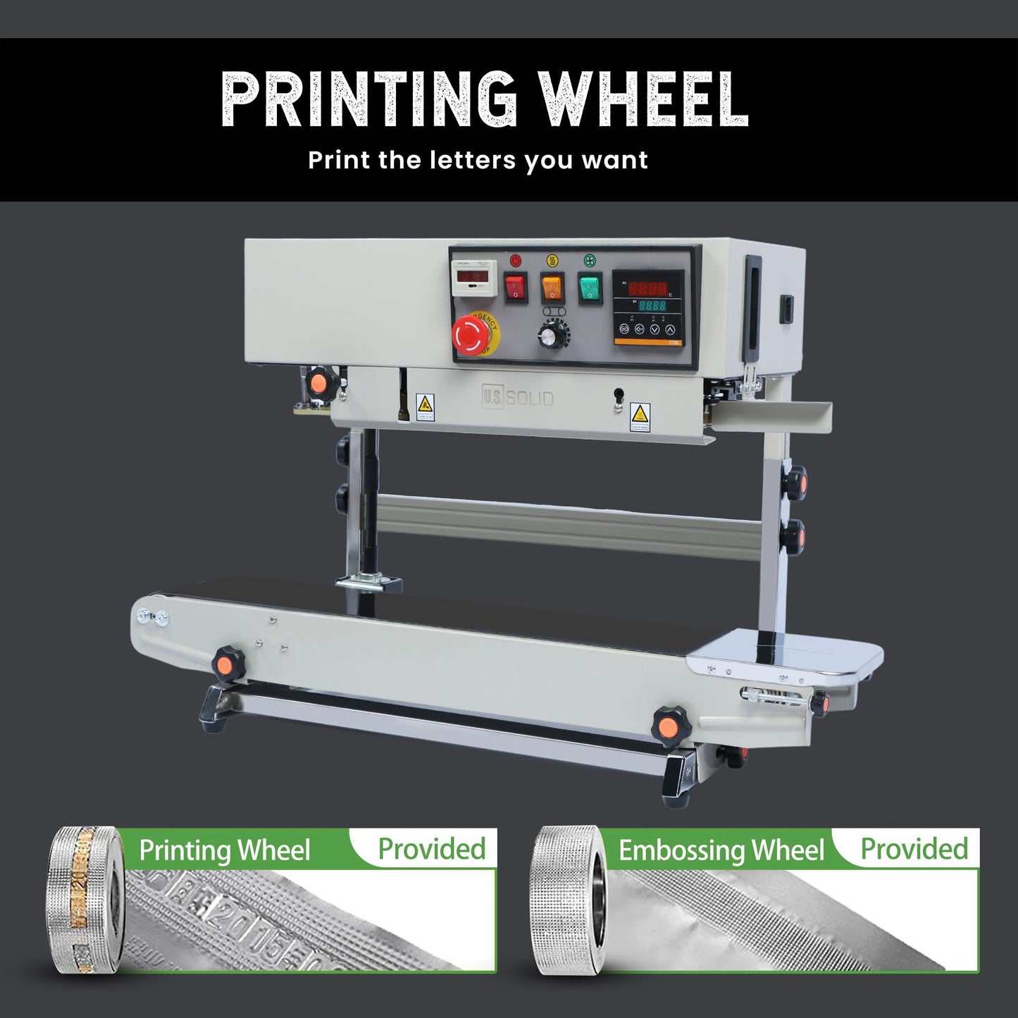 U.S. Solid Automatic Continuous Band Sealer with Stand - Industrial Bag Sealing Machine with Counter & Embossing Coder, 78.7ft/min High Speed, 110V Vertical Sealer for 0.031" PVC Bags