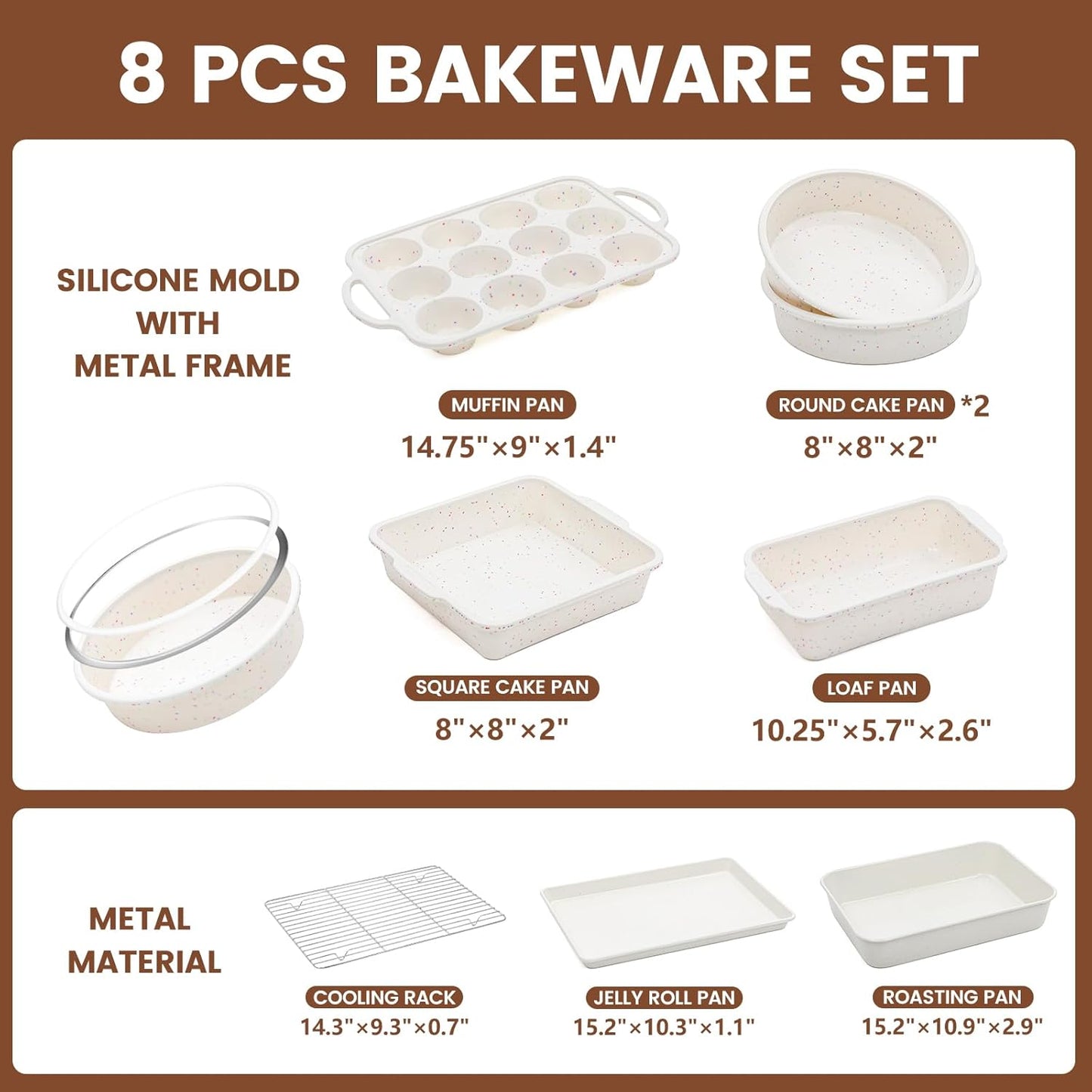 Vinino 8-Piece Nonstick Baking Pans Set - Silicone Muffin, Loaf & Cake Pans with Metal Reinforced Frame & Roasting Pan | Oven Safe, Cream Color