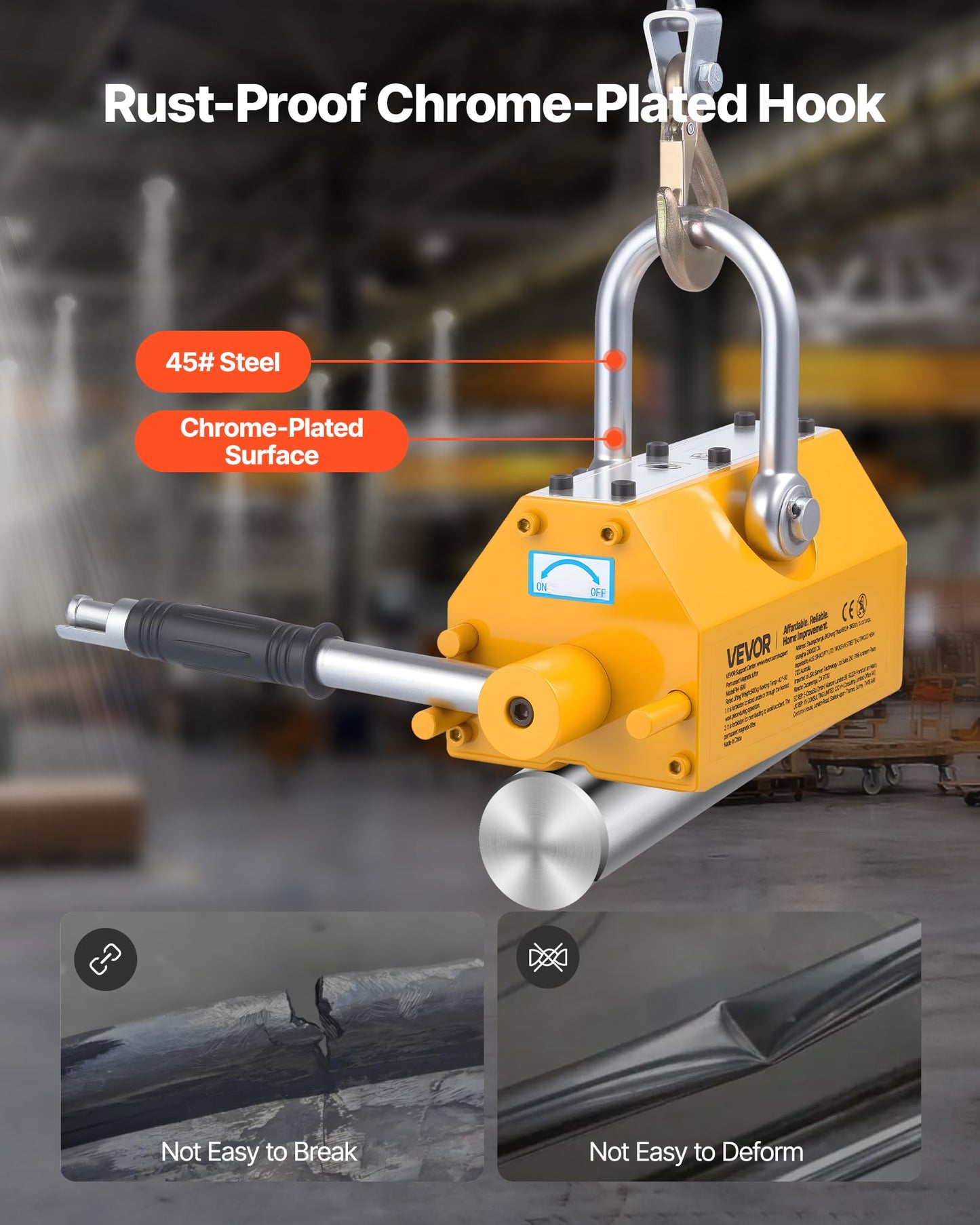 VEVOR Permanent Magnetic Lifter, 1320 lbs Pulling Capacity, Heavy Duty N42 Neodymium Lifting Magnet with Release Handle and Steel Hook, Used in Shop Crane and Hoist, for Lifting Plate Steel, Board
