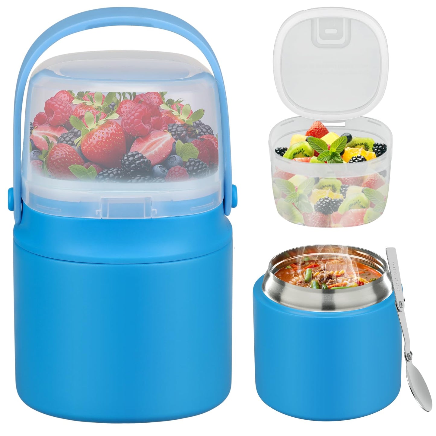 14 oz Soup Thermo for Hot Food with 7 oz Snack Container, Leak-Proof Insulated Lunch Container Kids and Adults, Stainless Steel Double Wall Vacuum Wide-mouth Thermal with Spoon and Handle-Blue