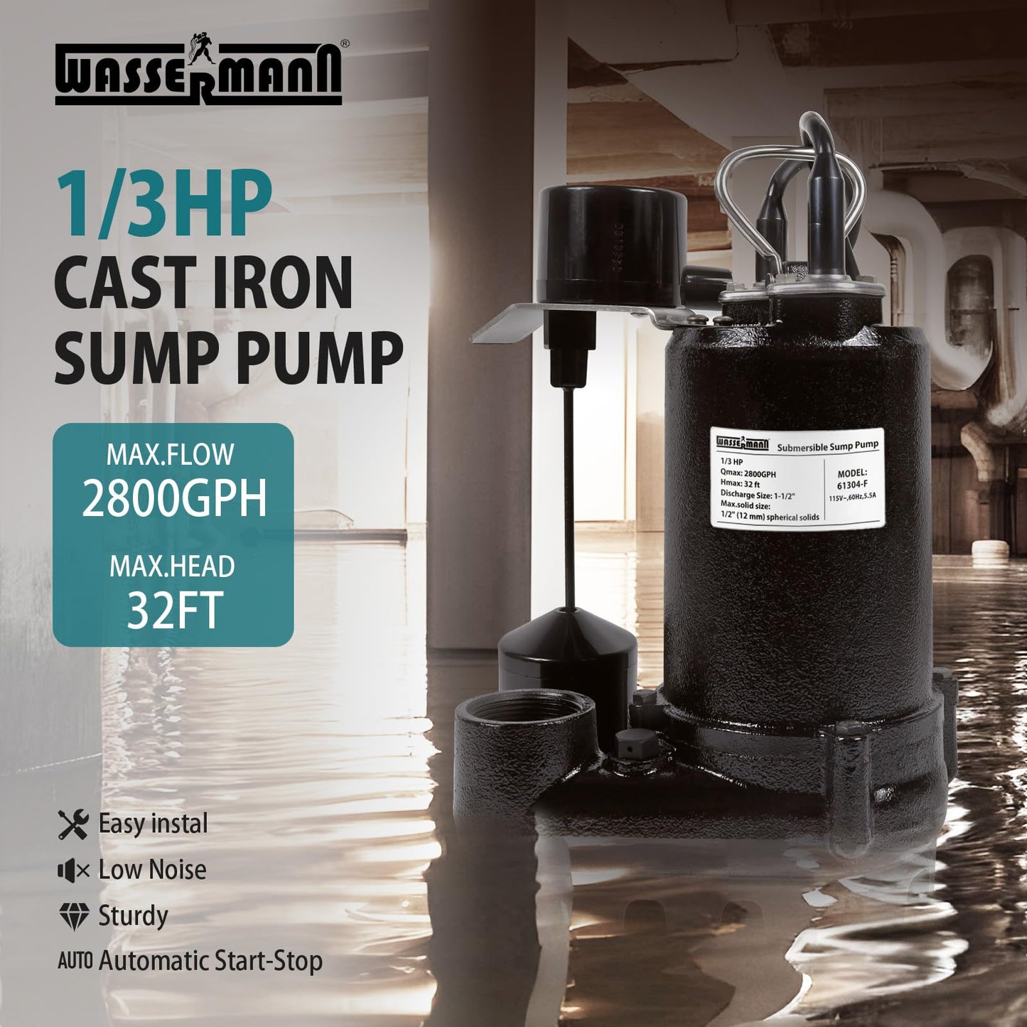 WASSERMANN 1/3HP 2800GPH Cast Iron Submersible Sump Pump with Automatic Vertical Float Switch,1-1/2"NPT Discharge Heavy Duty Sump Pump with 10FT Cord for Basement, Sump Basin, Flooded Area