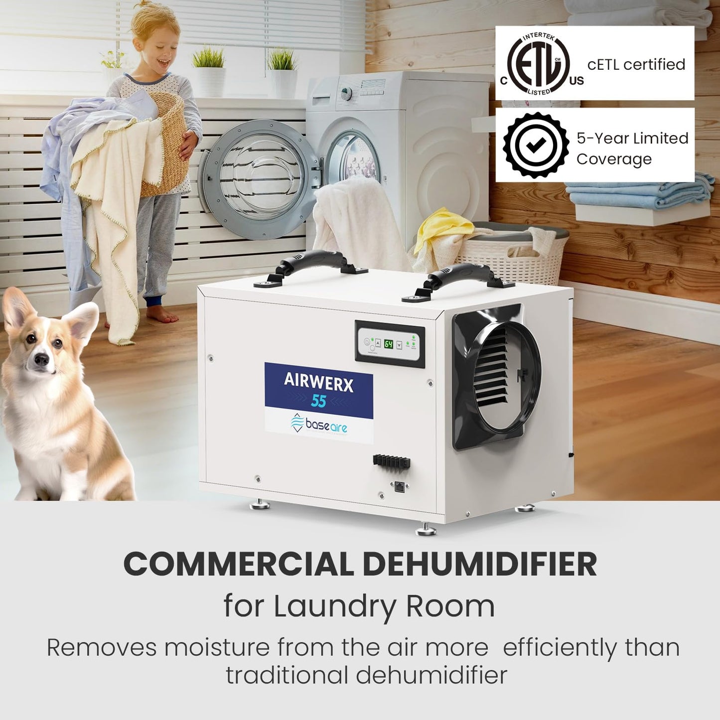 BaseAire Crawlspace Dehumidifier,113 Pints Commercial Dehumidifiers with Drain Hose for Whole House Basement, Industry, Compact, Auto Defrost, Memory Starting, Up to 1200 Sq Ft