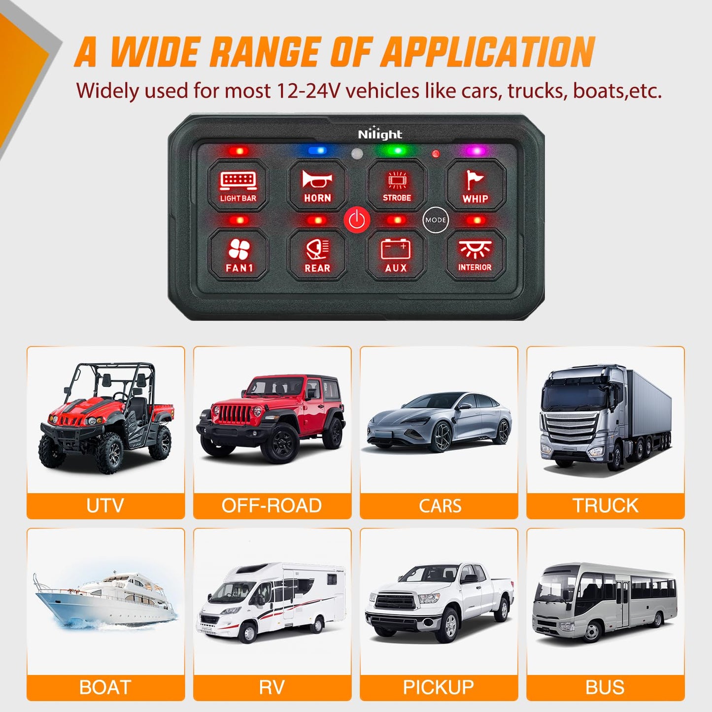 Nilight 8 Gang Switch Panel Red Circuit Control Relay System with Fuse Wiring Harness Toggle Momentary Strobe Flash Modes Automatic Dimmable ON Off Pod 12V 24V for Car Truck Camper SUV