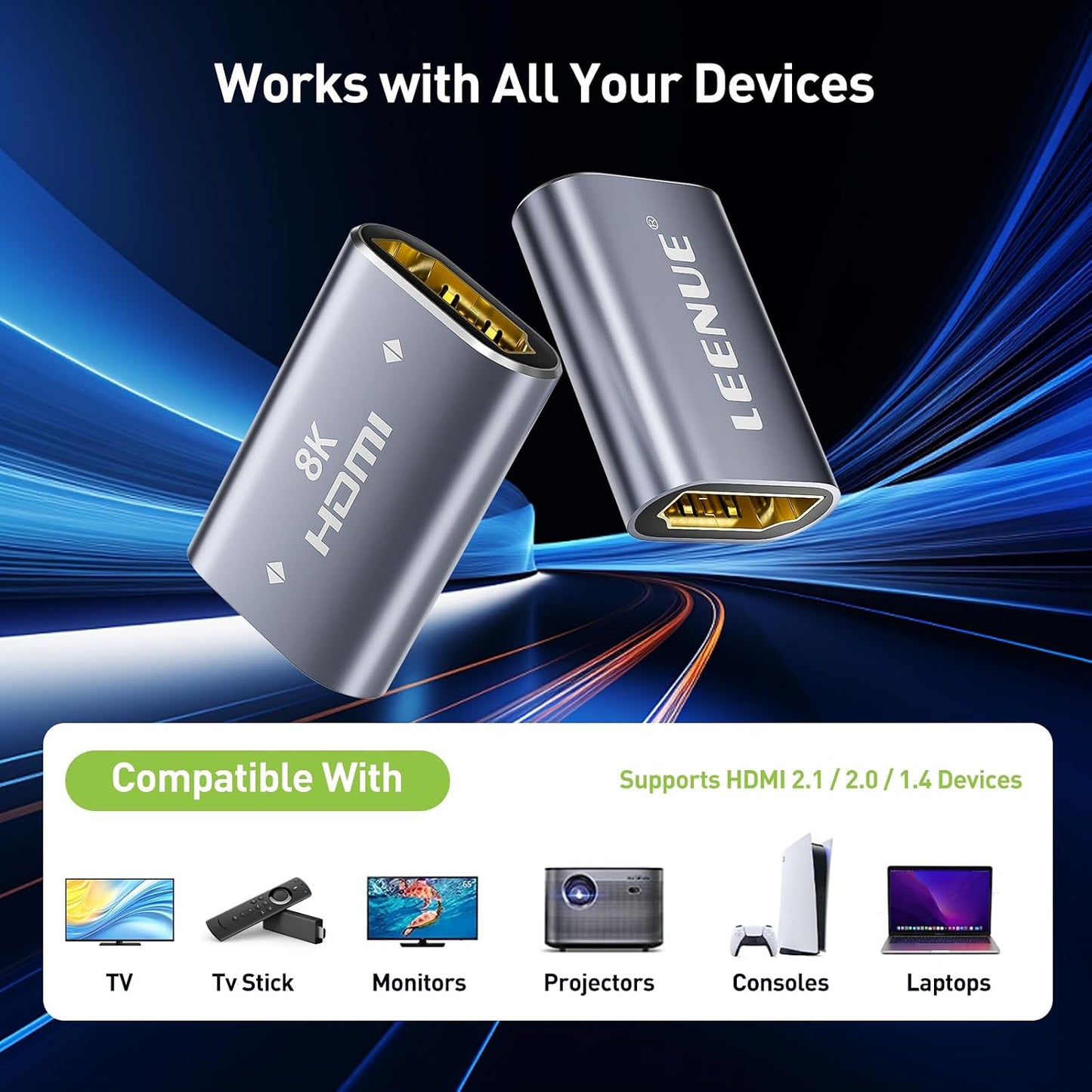 LEENUE 8K 2.1 8K@60Hz 4K@120Hz 2 Pack, HDMI Coupler Female to Female Connector, HDMI Aluminum Adapter, Supports /