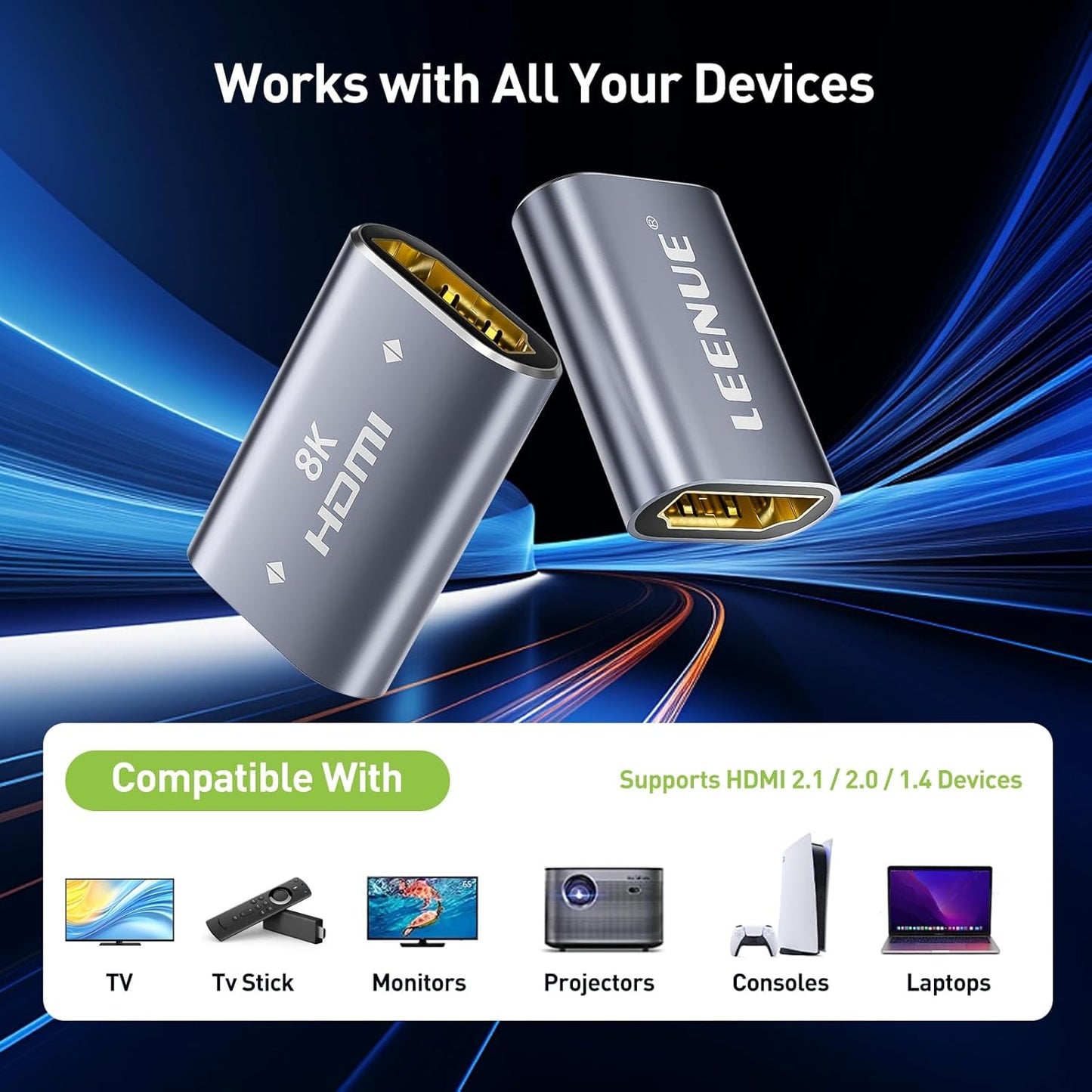LEENUE 8K 1 Pack 2.1 8K@60Hz 4K@120Hz HDMI Coupler Female to Female Connector, HDMI Aluminum Adapter, Supports /