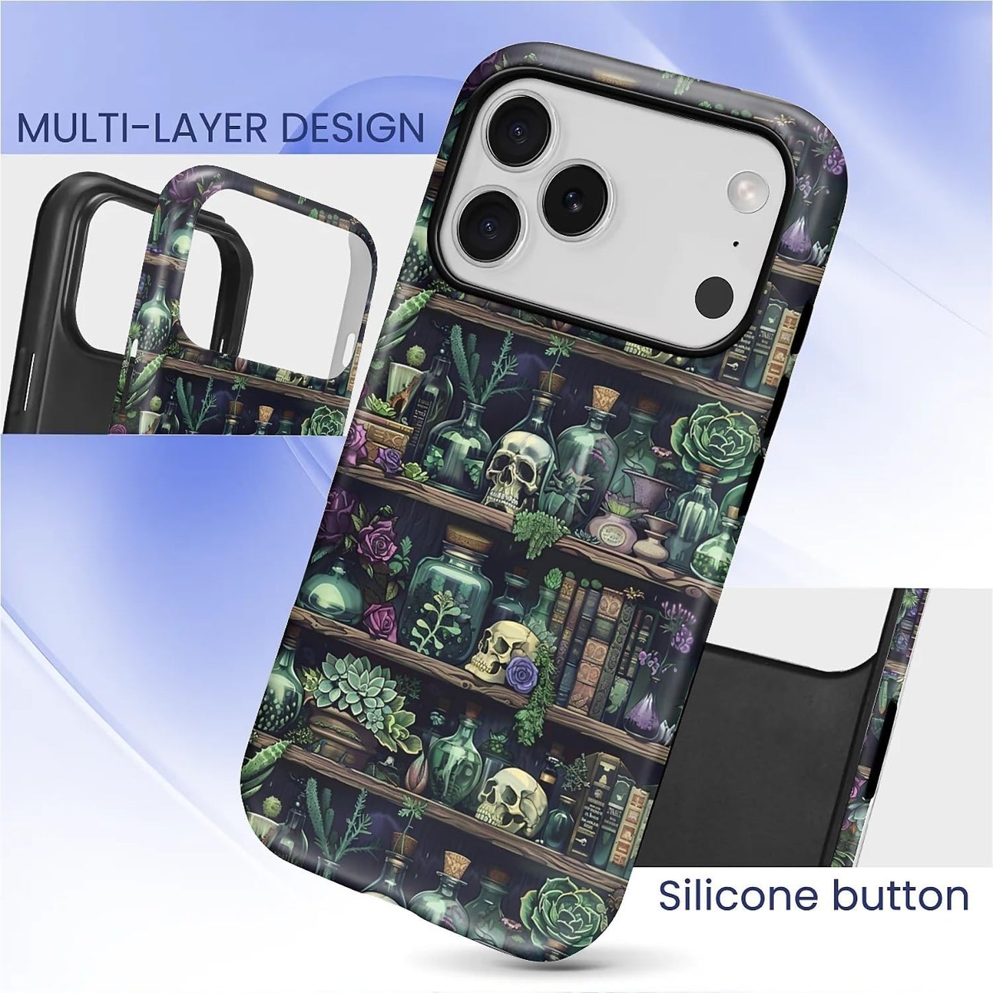Akinmi 17 17 Case for iPhone Pro,Skeleton Bookshelf Flowers Exquisitely Pattern Double Protective Phone Cover Cases