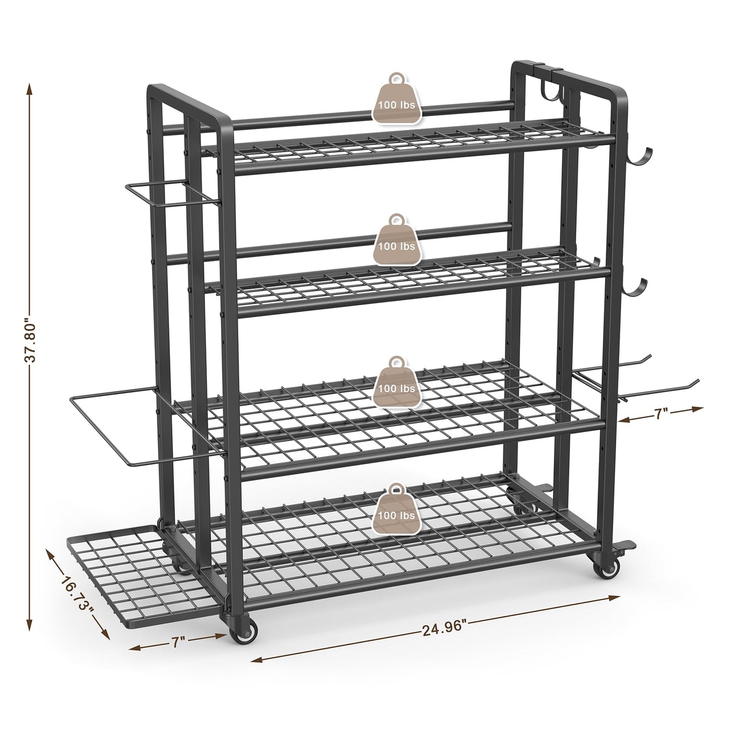 4-Tier Dumbbell Rack Stand Only, Adjustable Weight Rack for Dumbbells Kettlebells Yoga Mat, Home Gym Storage Rack with Wheels and Hooks, Powder Coated Finish (Large)