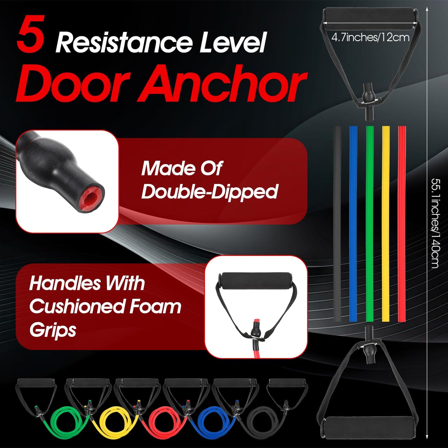 YBEATY 5PCS Resistance Bands with Handles 5-Level Stretch Exercise Pull Up Bands Physical Resistance Tube with Door Anchor for Men Women Muscle Toning Strength Training Home Workouts Fitness Pilates